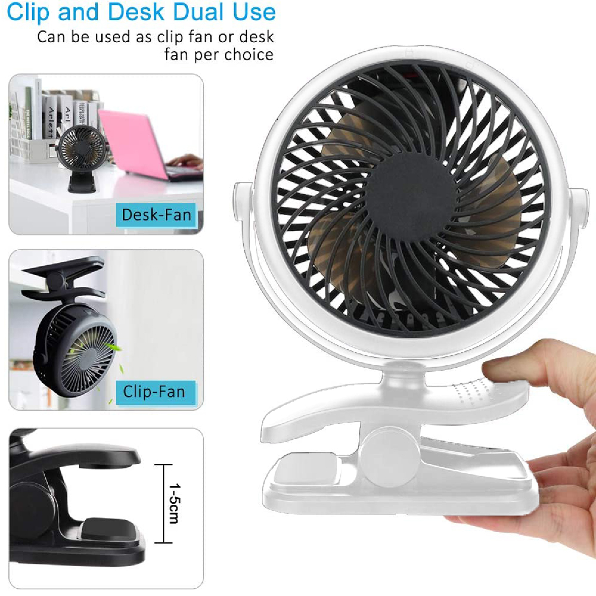 Ein weißer Klemm- und Schreibtischventilator mit schwarzem Gitter und braunen Flügeln.