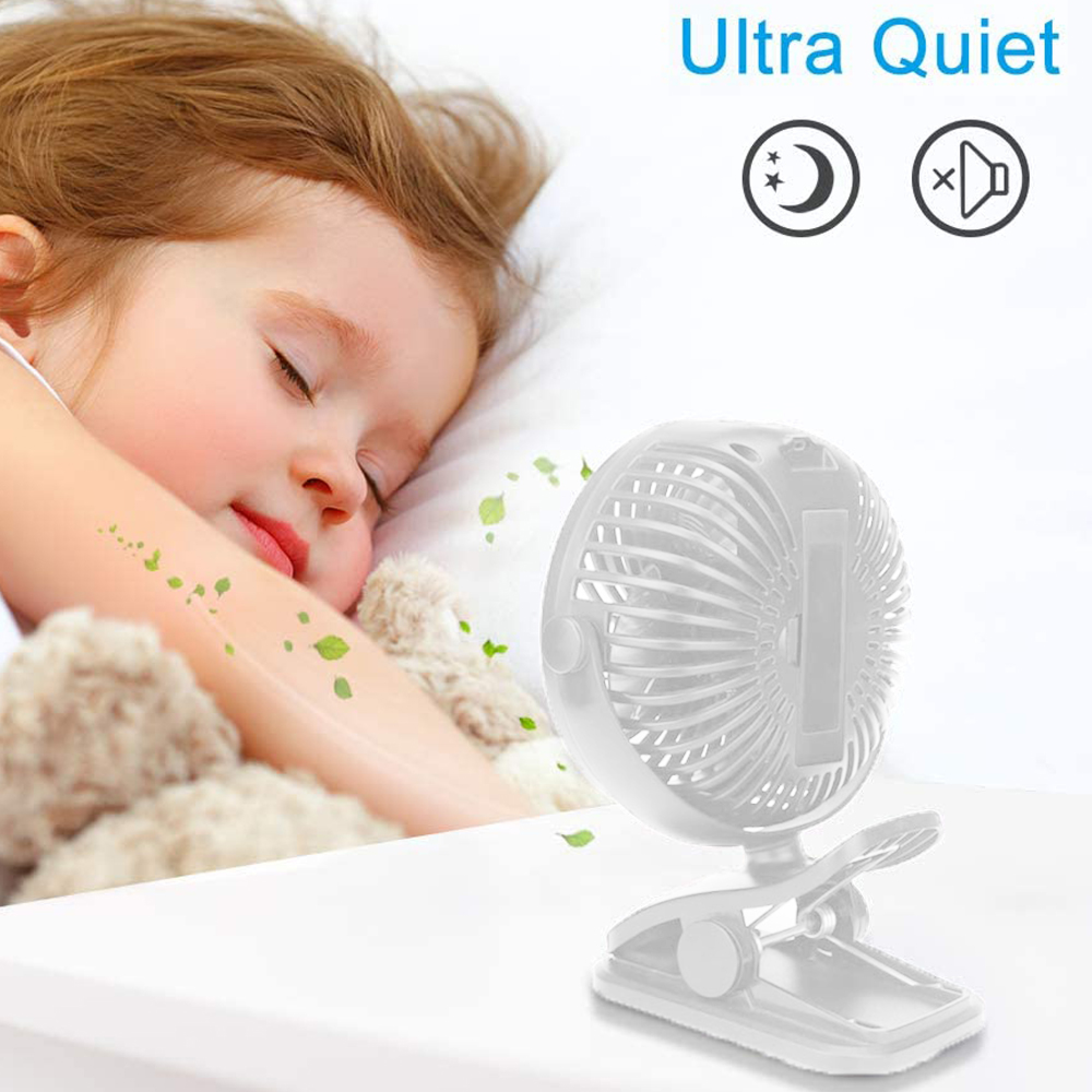Ein kleines Kind schläft, neben ihm ein weißer Ventilator mit Clip.