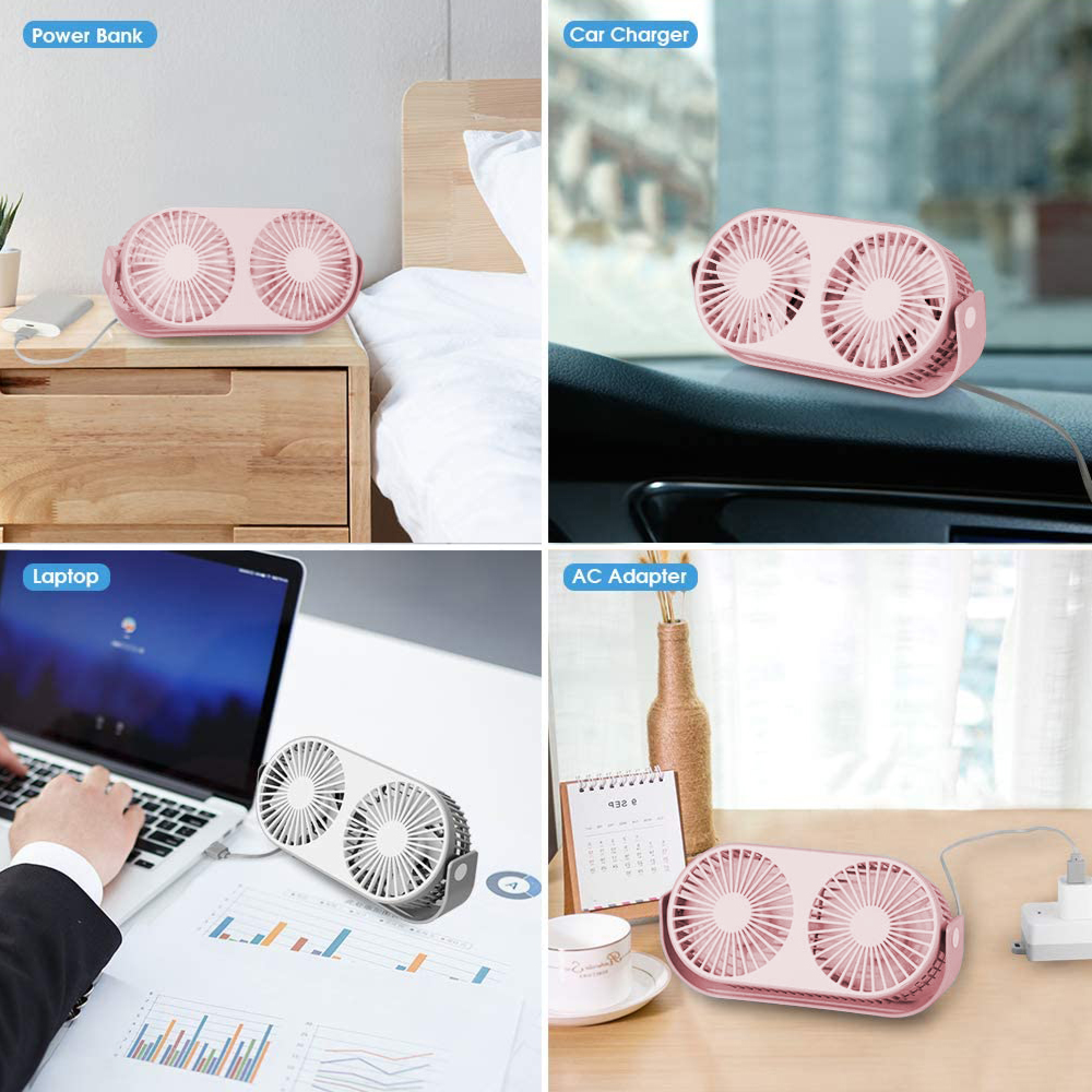 Ein rosa Doppelventilator steht auf einem Nachttisch, im Auto, auf einem Schreibtisch und auf einem Tisch.
