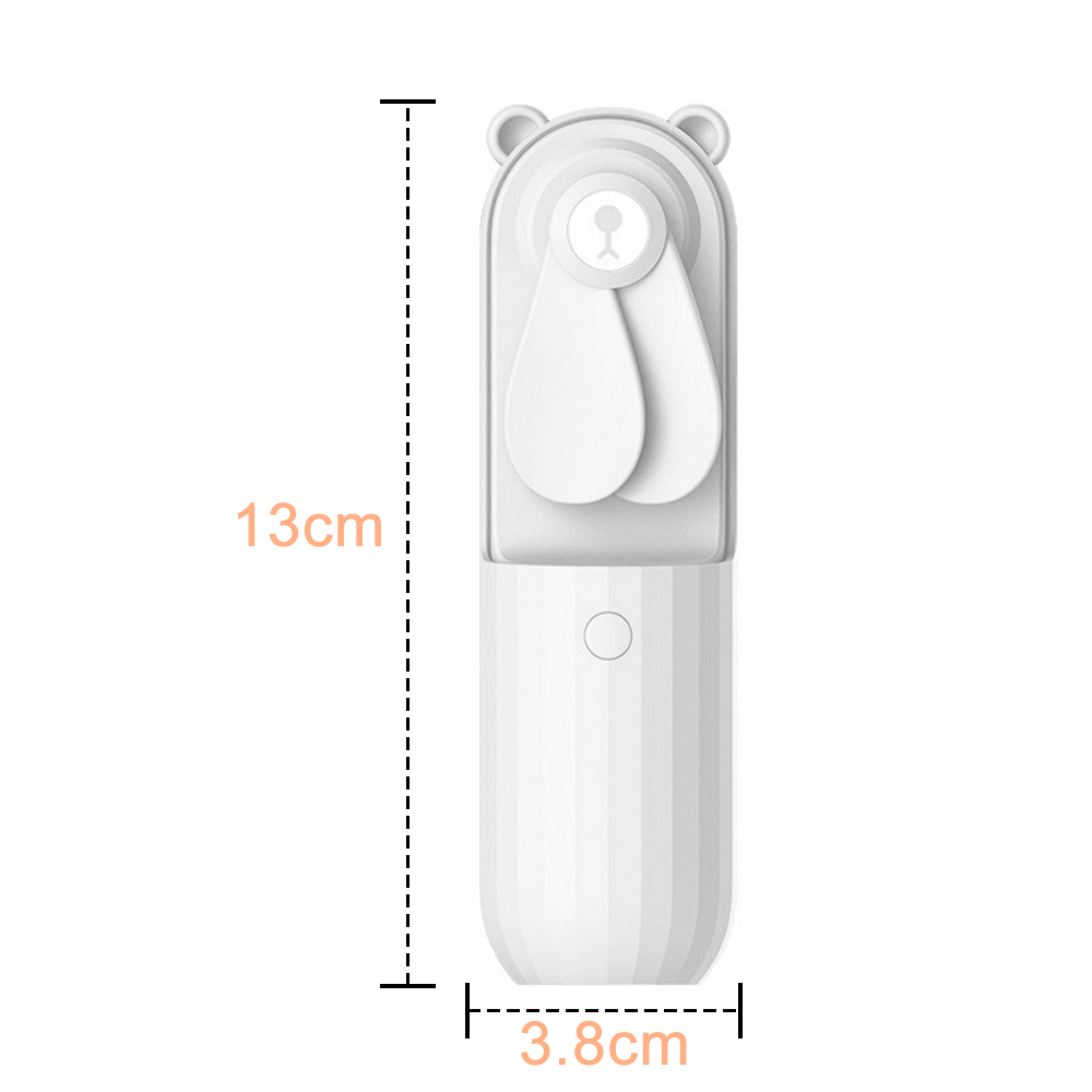 Ein weißer, bärenförmiger Handventilator mit Maßen von 13 cm Höhe und 3,8 cm Breite.
