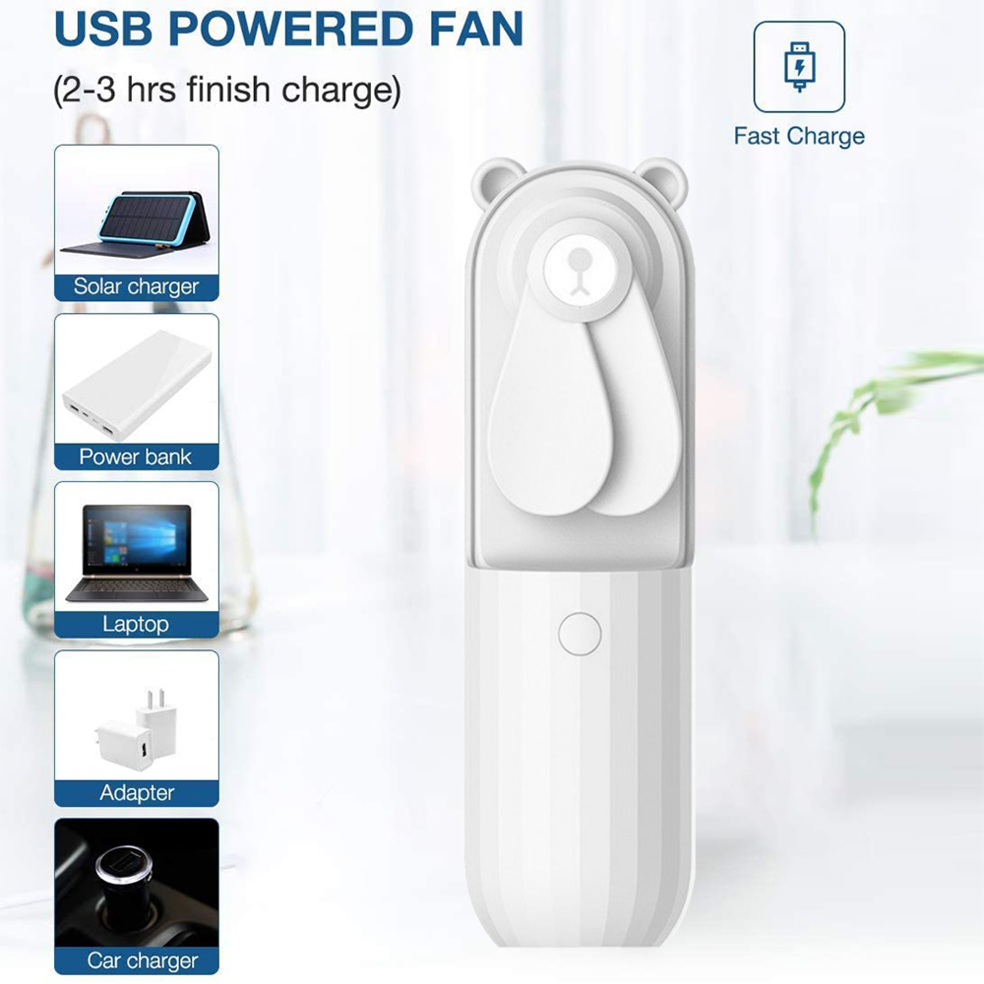 Ein weißer USB-Ventilator mit Bärenmotiv, der mit Solar, Powerbank, Laptop, Netzteil oder Autoladegerät aufgeladen werden kann.