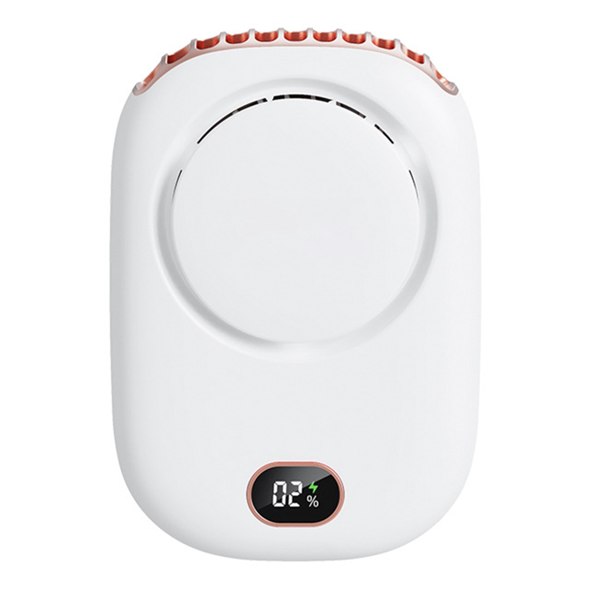 Ein weißer Nackenventilator mit rotem Rand und einem digitalen Display zeigt 20% an.