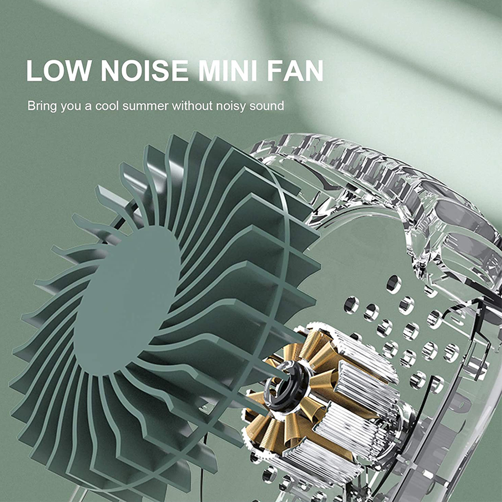 Ein leiser Mini-Ventilator mit grünen Rotorblättern und goldenem Motor.