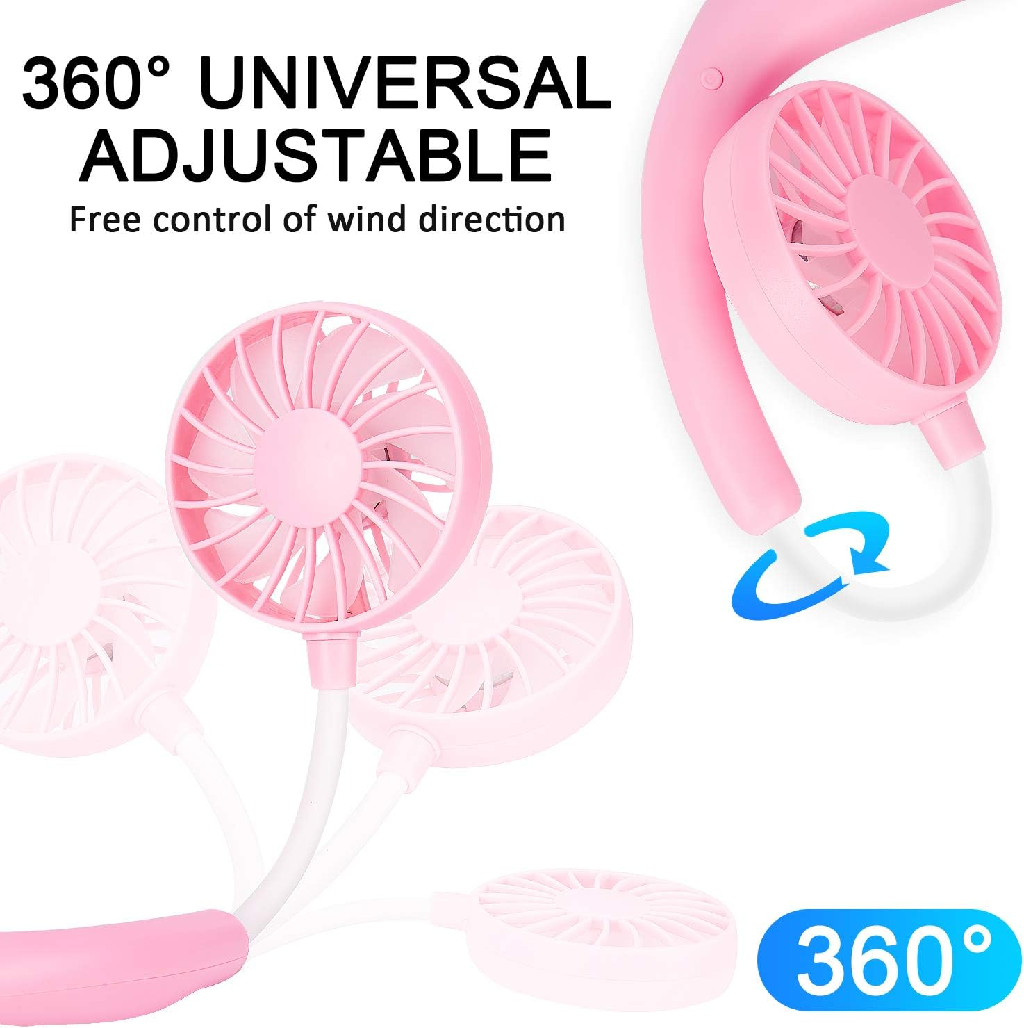 Ein rosafarbener Nackenfächer mit drei Lüftern, 360 Grad verstellbar.