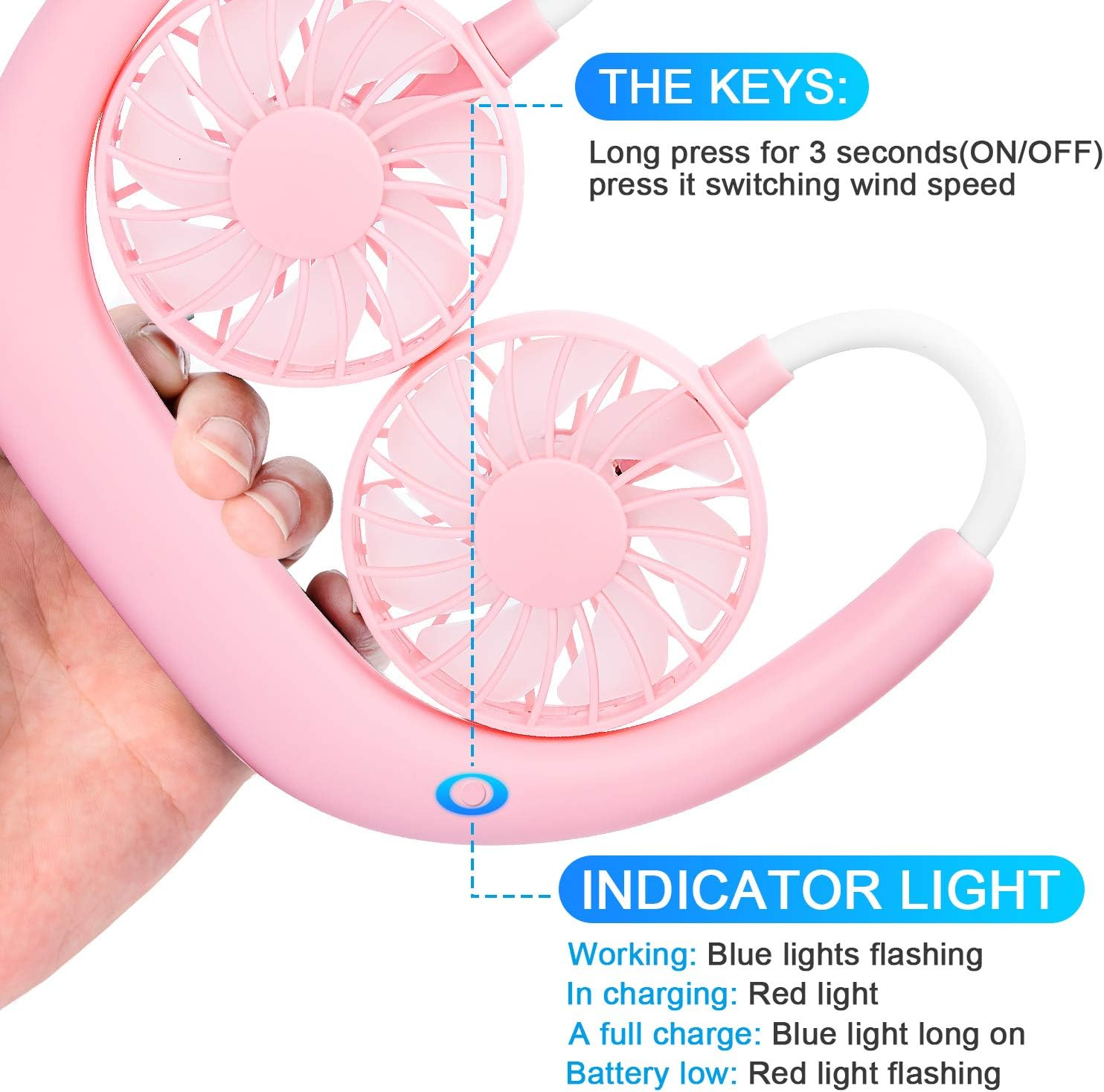 Ein pinker Nackenventilator mit zwei Lüfterköpfen und Bedienungsanleitung.