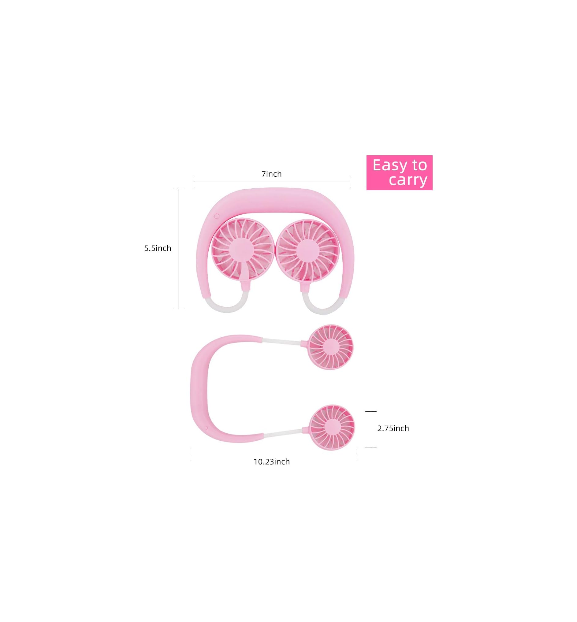 Ein rosa Nackenventilator mit zwei Lüftern und Maßen.