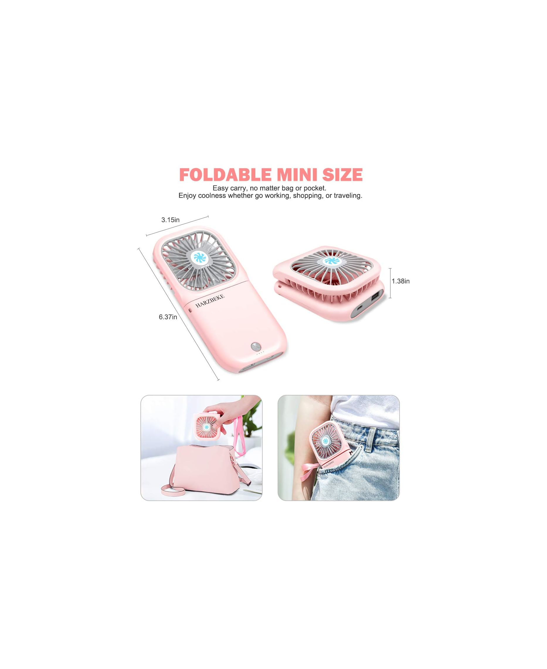 Ein rosafarbener Mini-Ventilator, zusammenklappbar und tragbar.