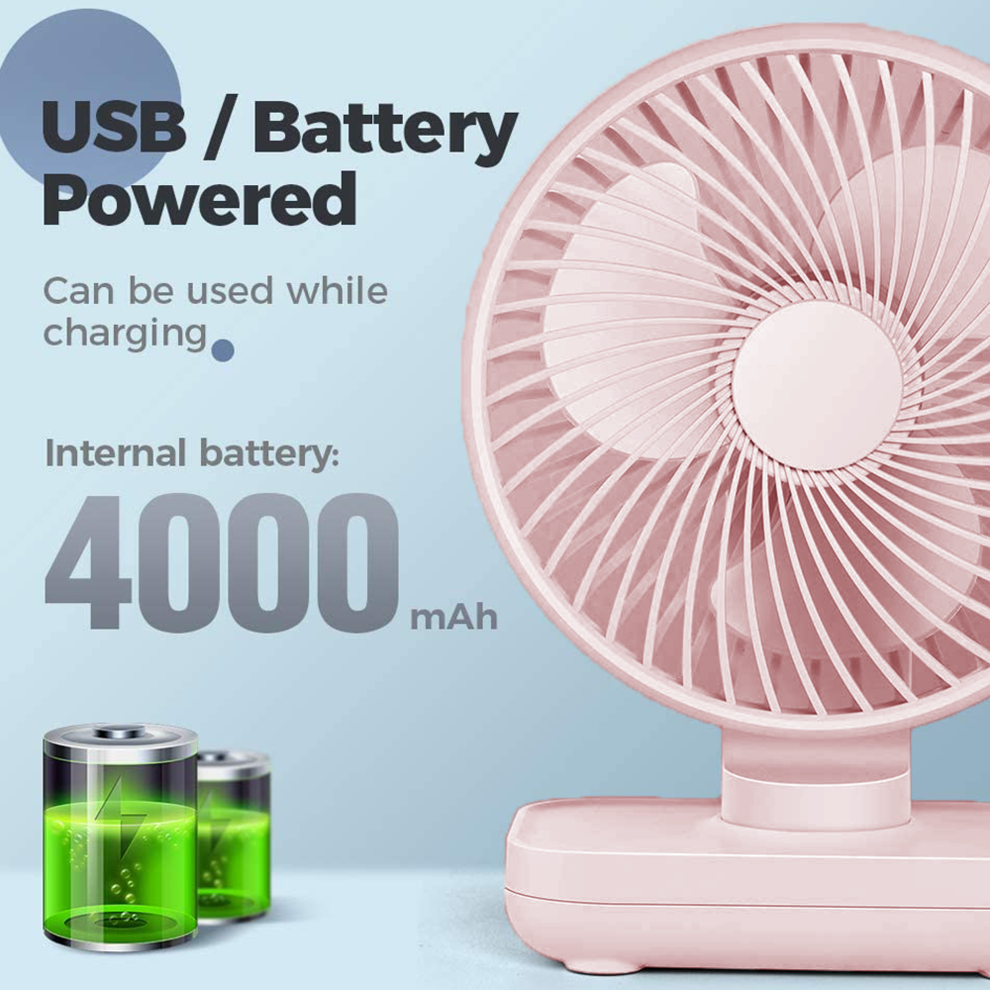 Ein rosafarbener Ventilator mit einer 4000-mAh-Batterie und Ladeanzeigen.
