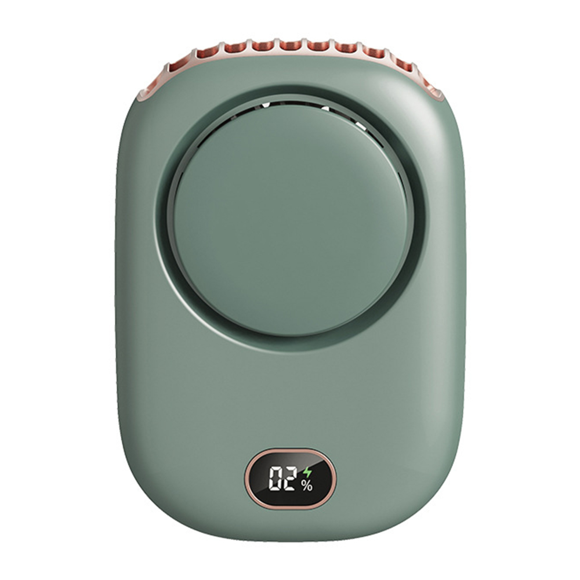 Ein grüner Nackenventilator mit digitaler Anzeige 02% und bronzefarbener Oberkante.