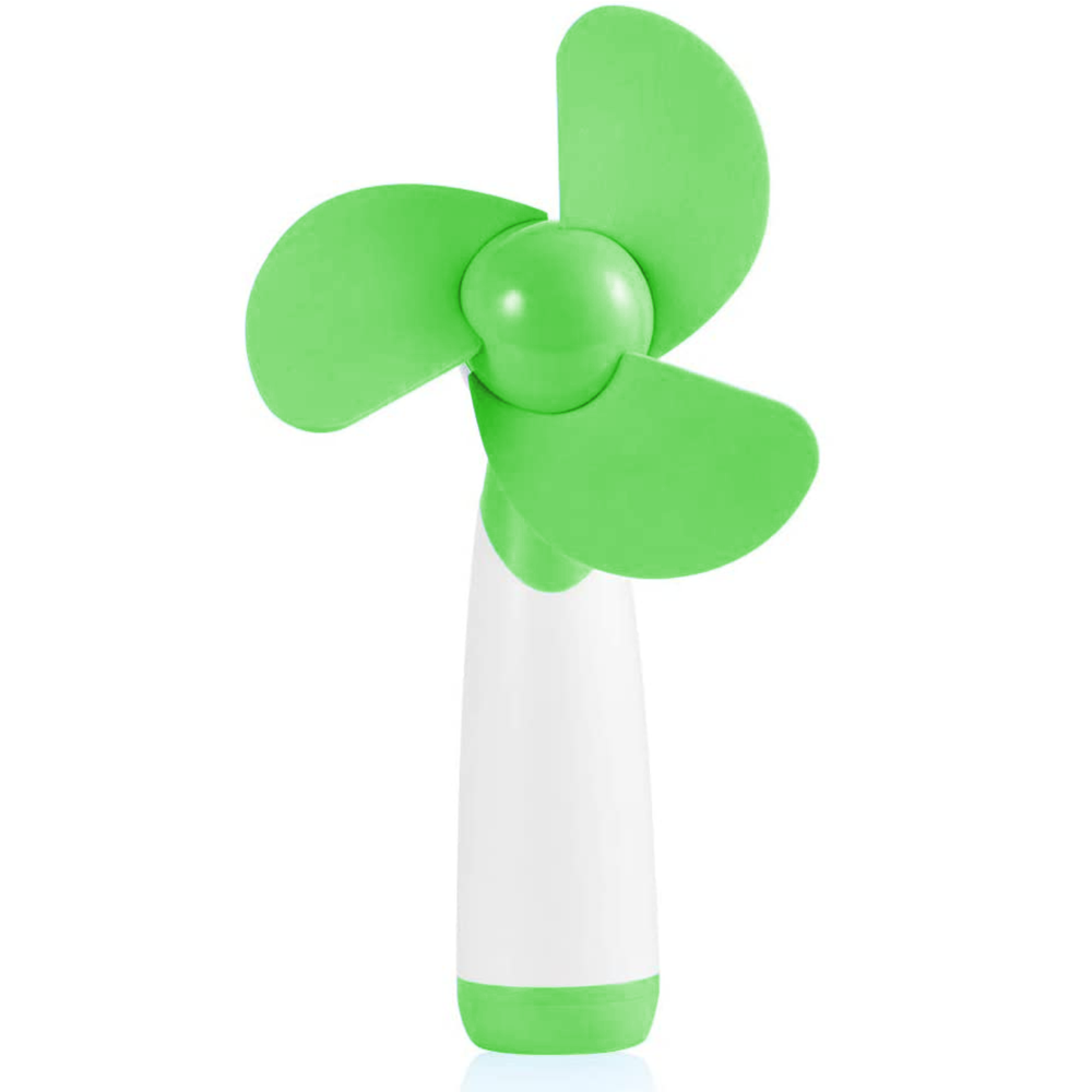 Ein kleiner, tragbarer Ventilator mit grünen Blättern und weißem Gehäuse.