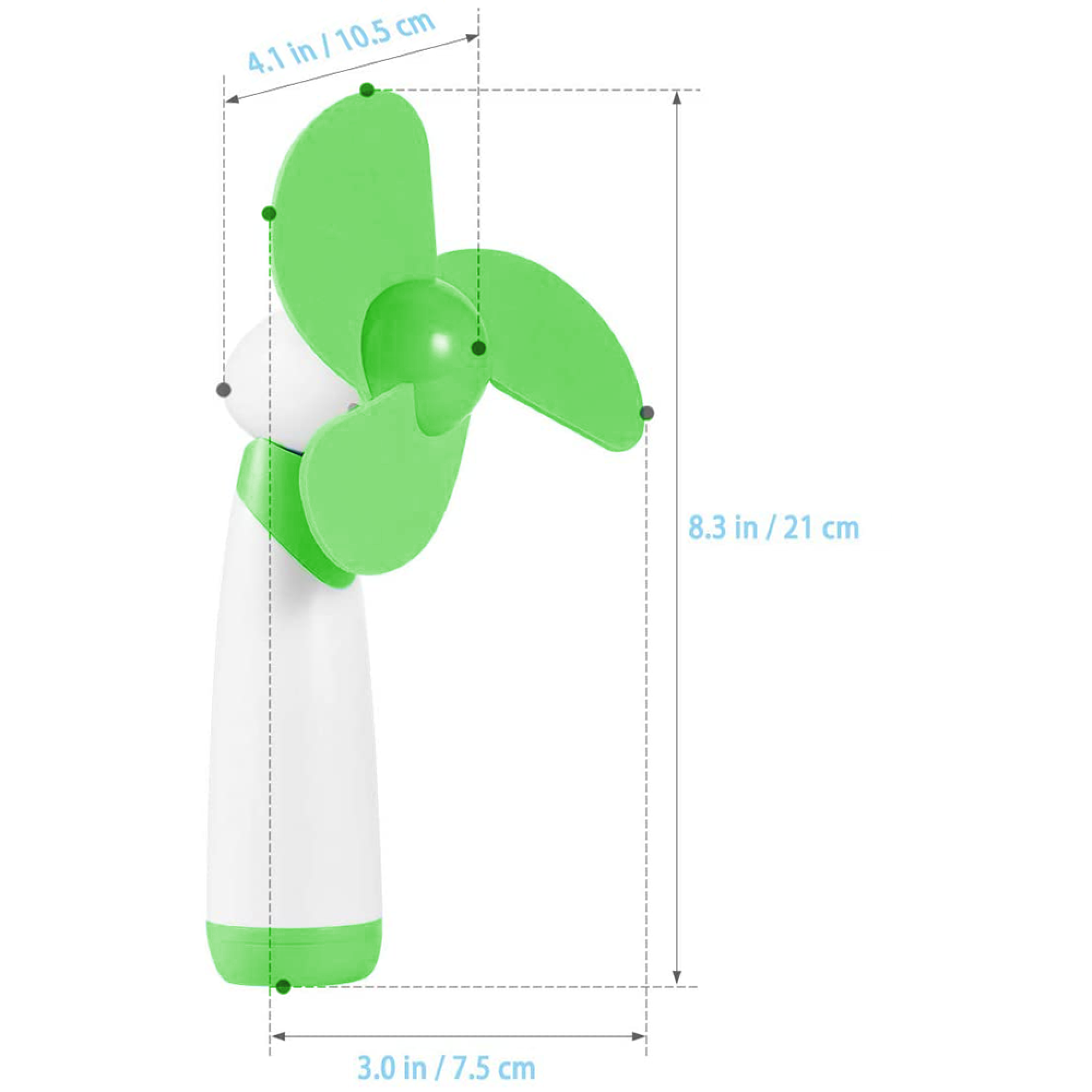 Ein kleiner, tragbarer Ventilator mit weißem Griff und grünen Flügeln.