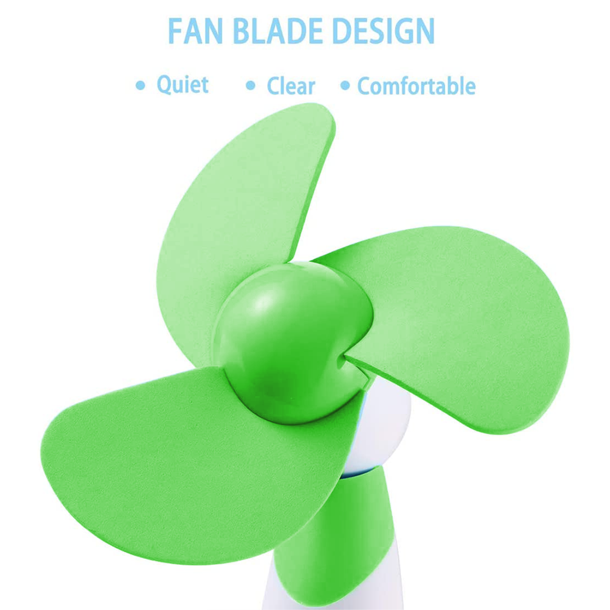 Ein kleiner grüner Ventilator mit vier Flügeln auf weißem Hintergrund.