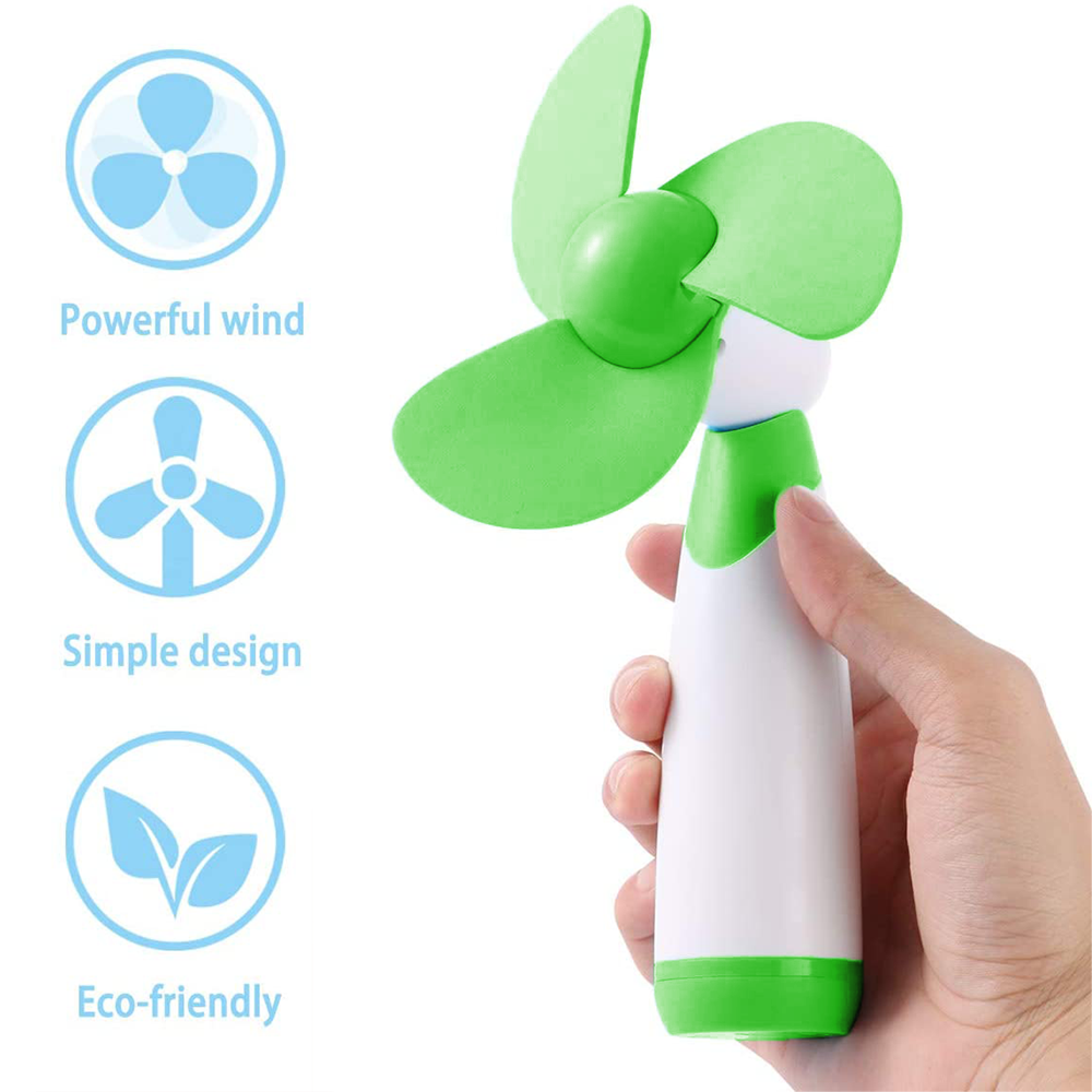 Grüner und weißer Handventilator mit drei Flügeln, gehalten von einer Hand.