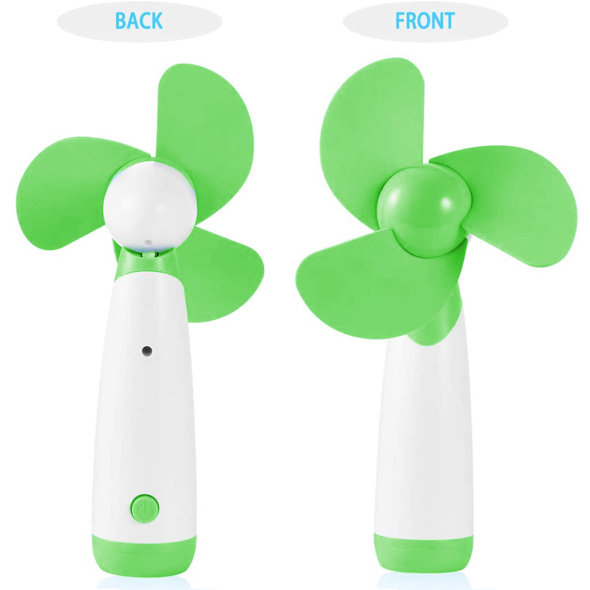 Ein weißer Handventilator mit grünen Flügeln und einem grünen Knopf.