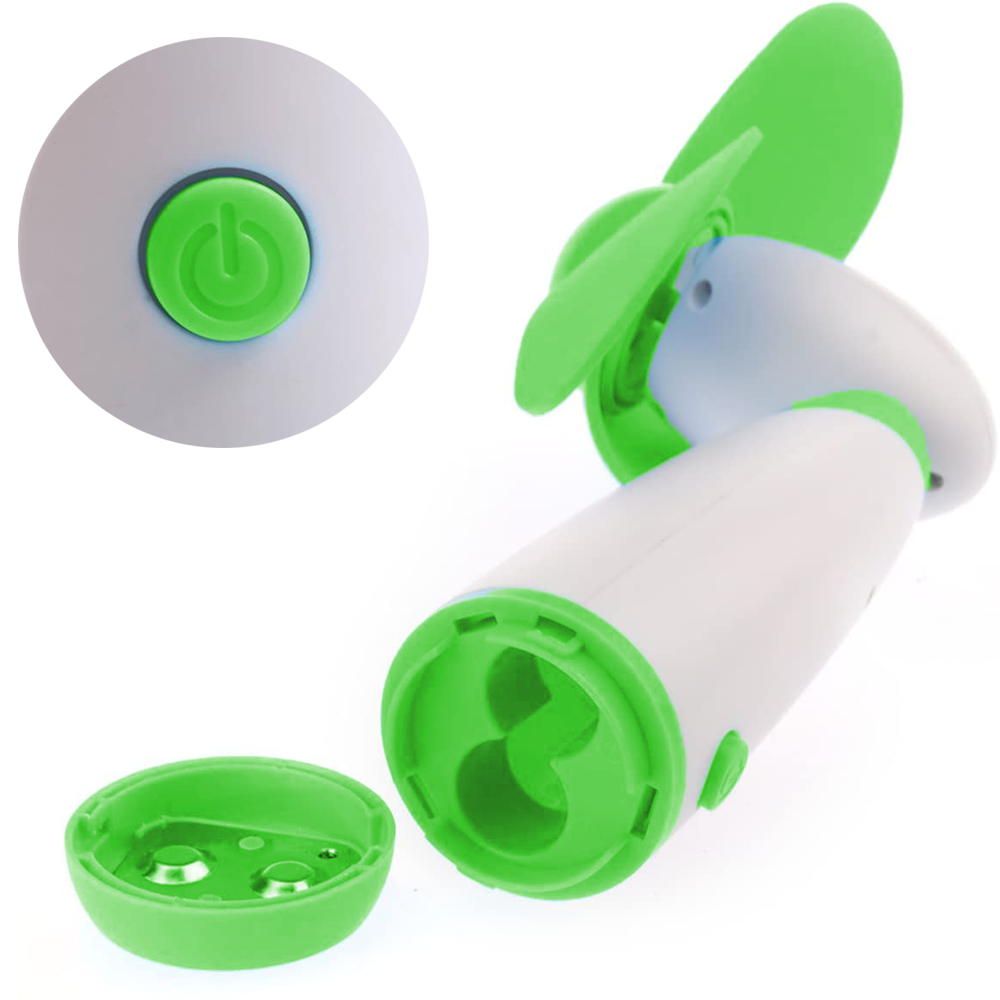Ein weißer und grüner Mini-Ventilator mit Power-Knopf und abnehmbarem Deckel.