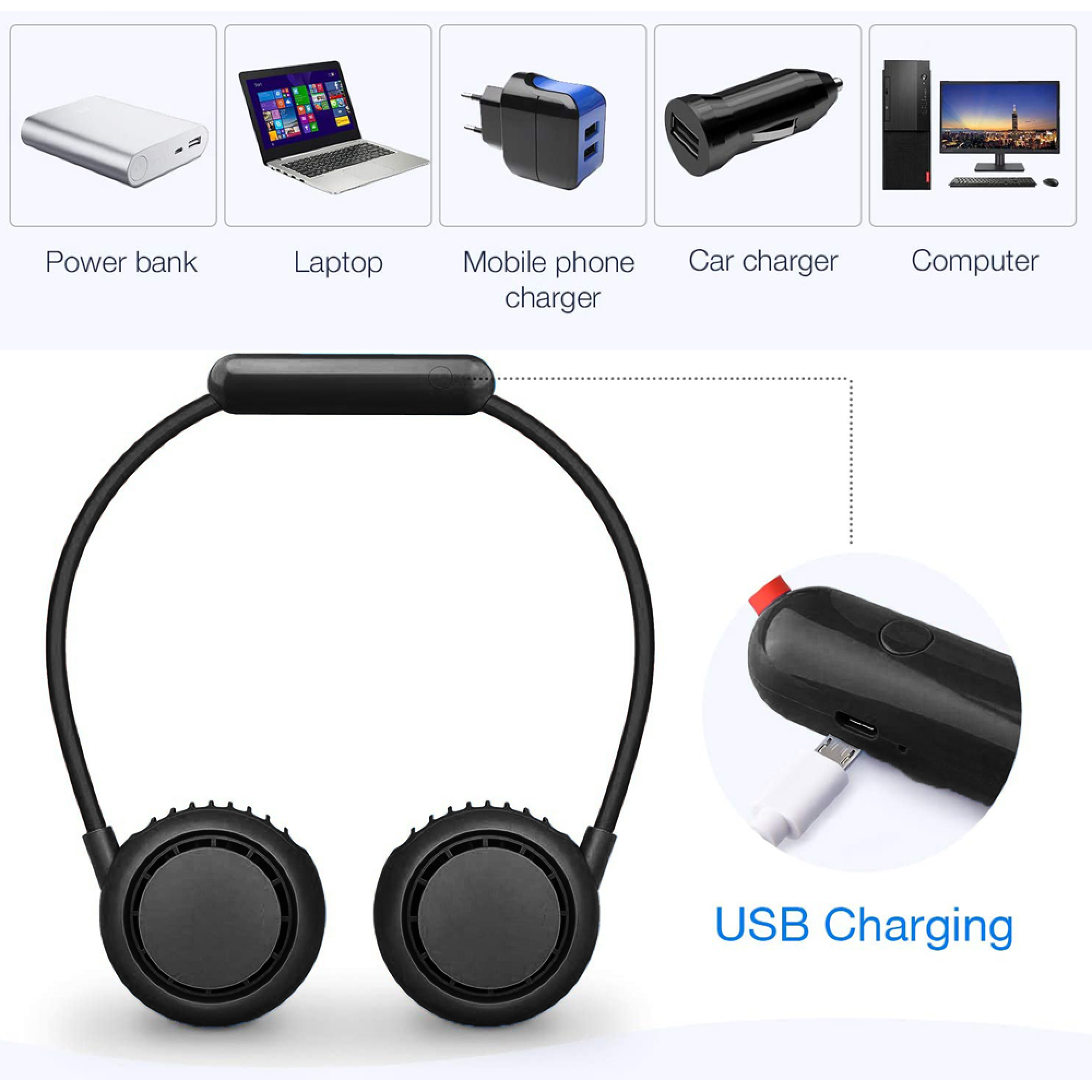 Halsventilator mit zwei Lüftern, USB-Ladeanschluss, mit Zubehör wie Powerbank, Laptop, Ladegerät.