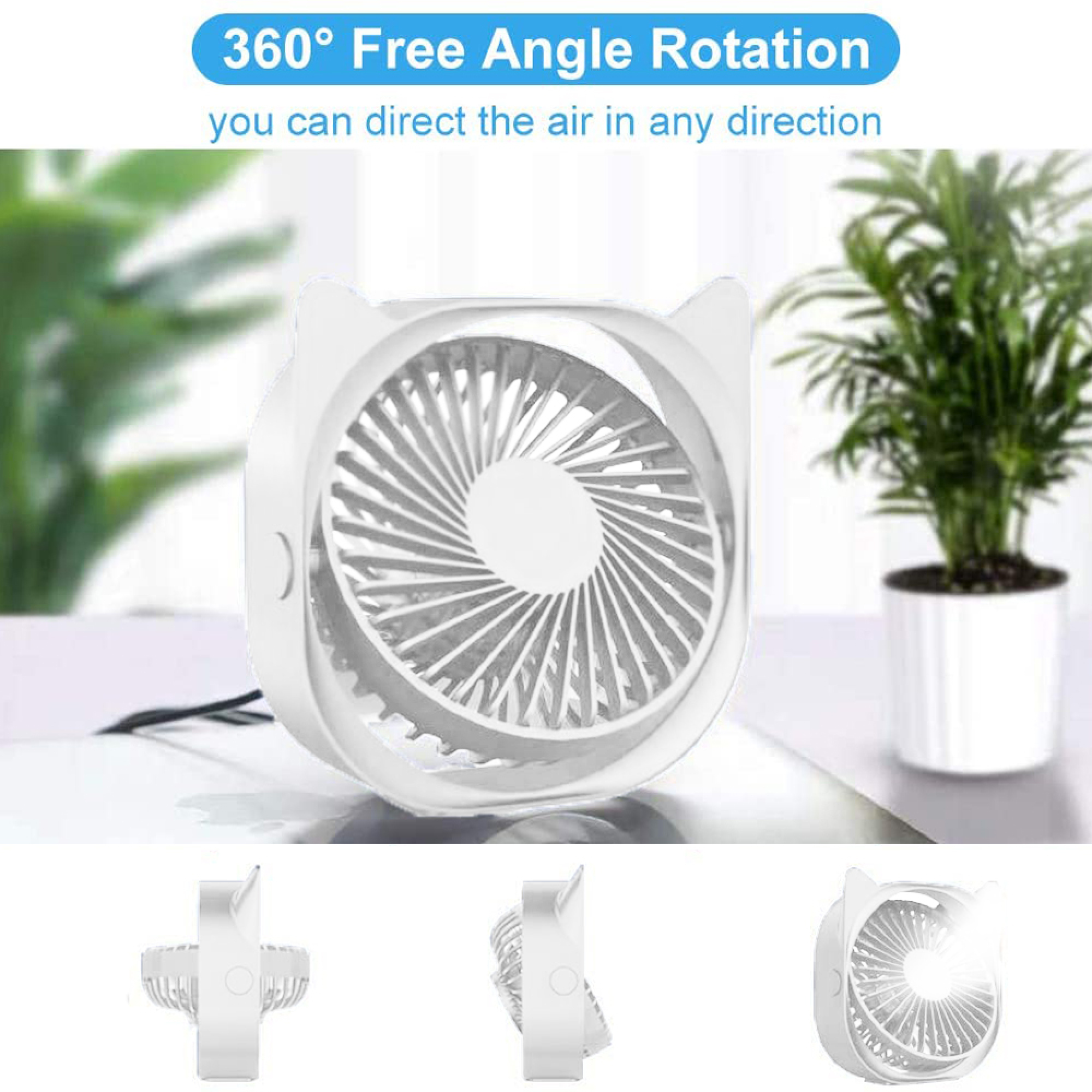 Weißer Katzenohren-Ventilator mit 360° Drehung auf reflektierender Oberfläche neben Topfpflanze.