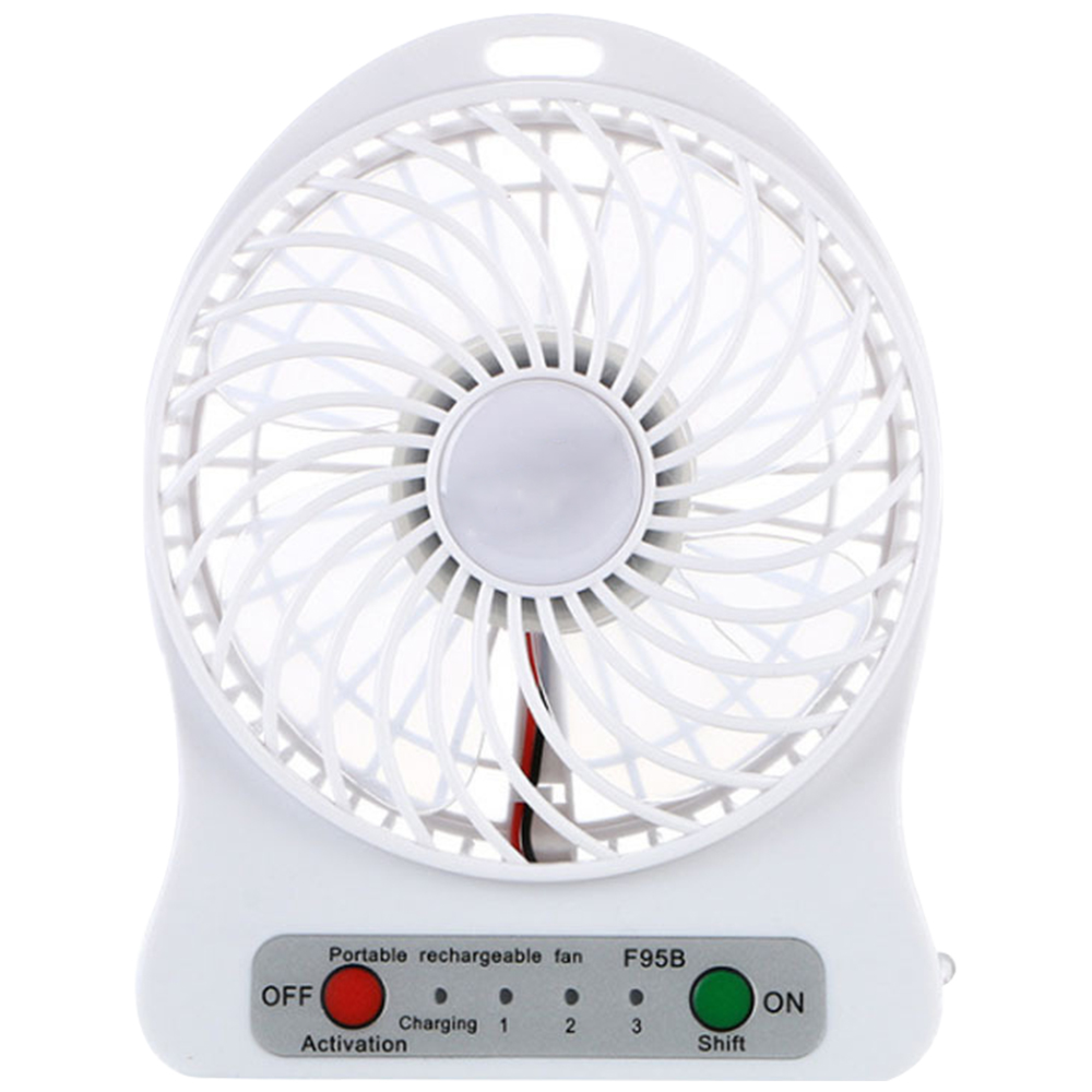 Ein kleiner weißer tragbarer Ventilator mit roten und grünen Knöpfen.