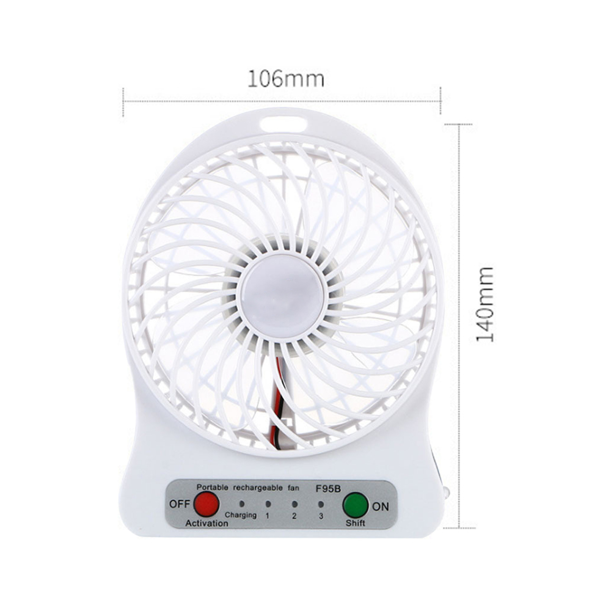 Ein weißer, tragbarer wiederaufladbarer Ventilator mit 3 Geschwindigkeitsstufen und Ladeanzeige.