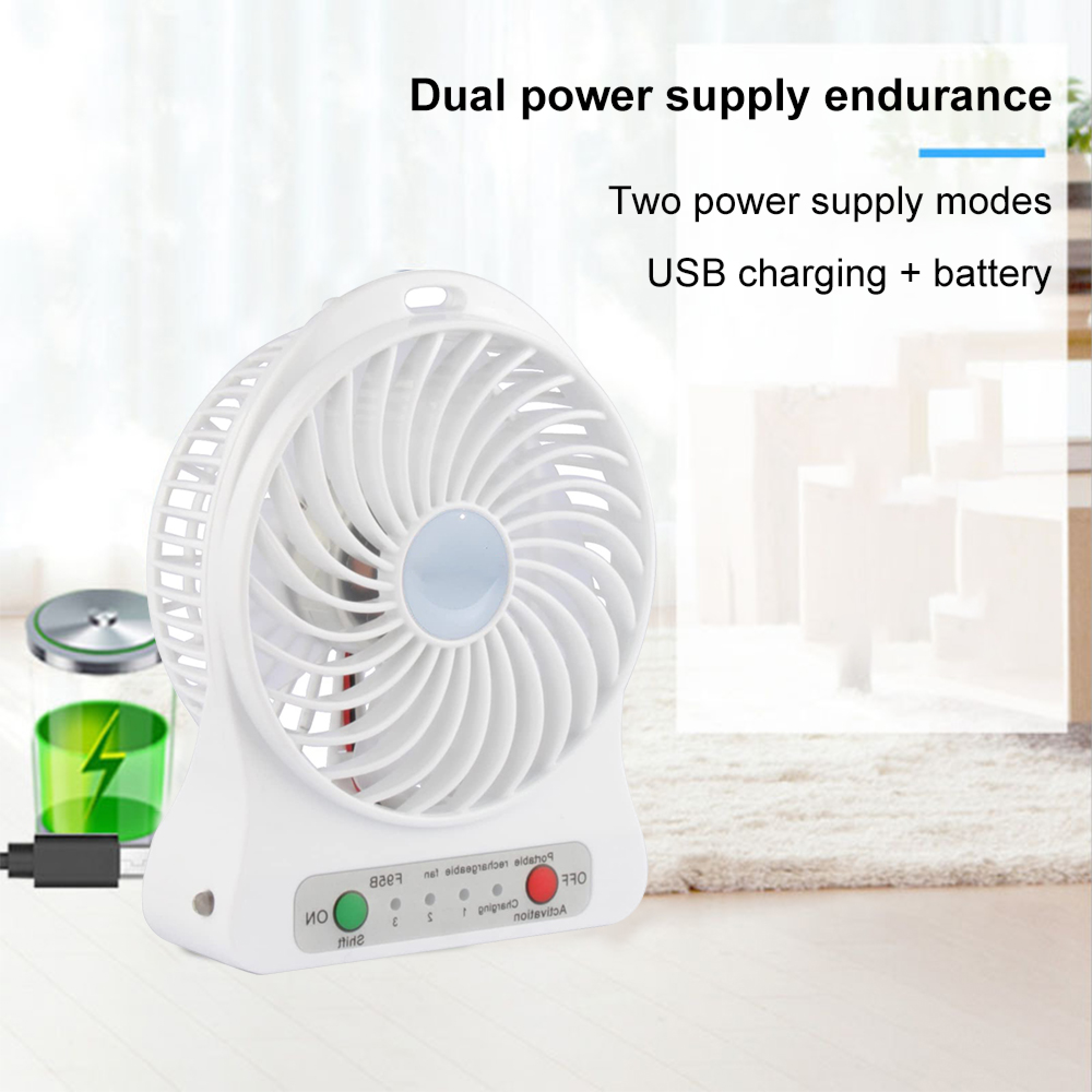 Ein weißer Ventilator mit USB-Ladekabel neben einer Batterieanzeige.