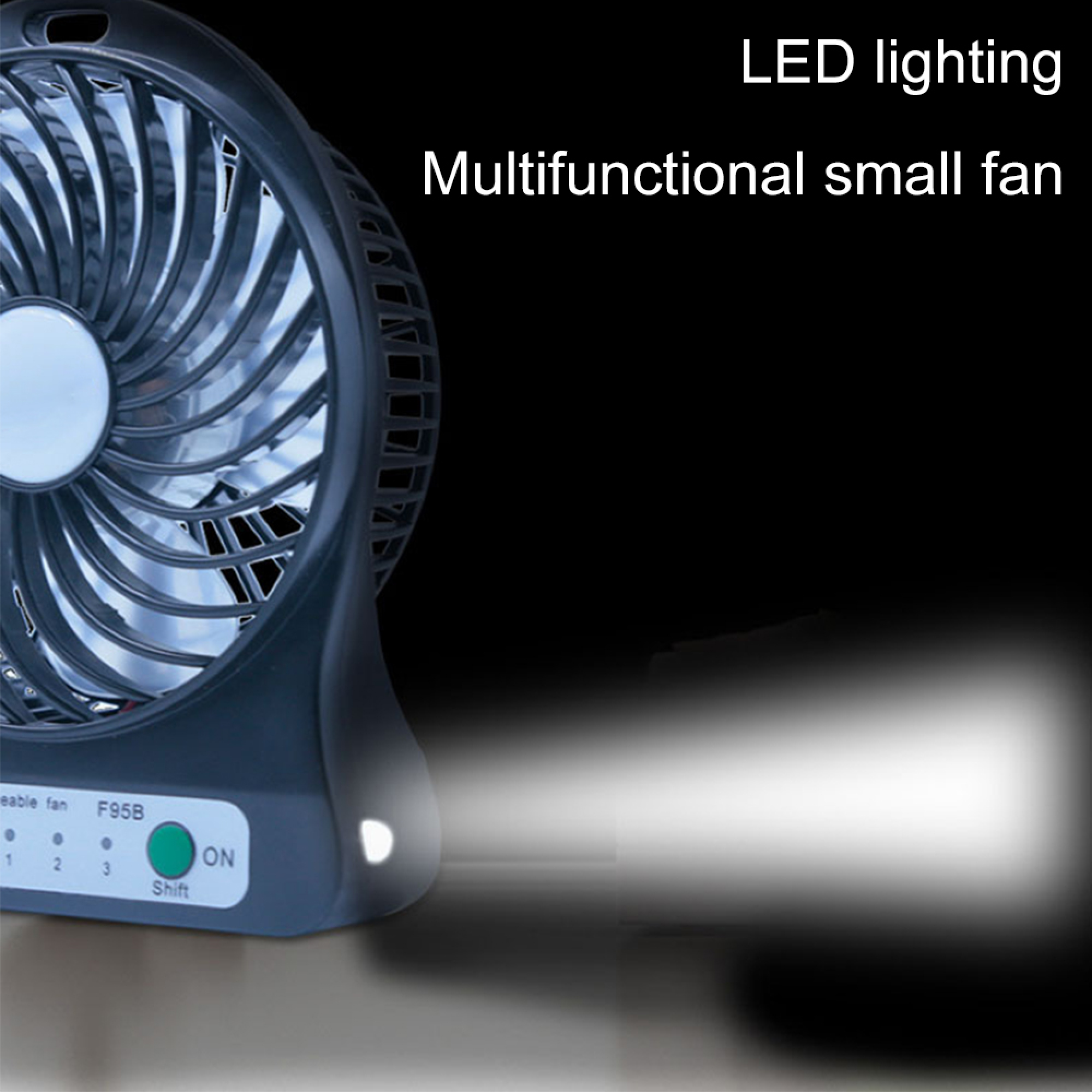 Ein schwarzer, tragbarer Ventilator mit LED-Licht und Bedienelementen.