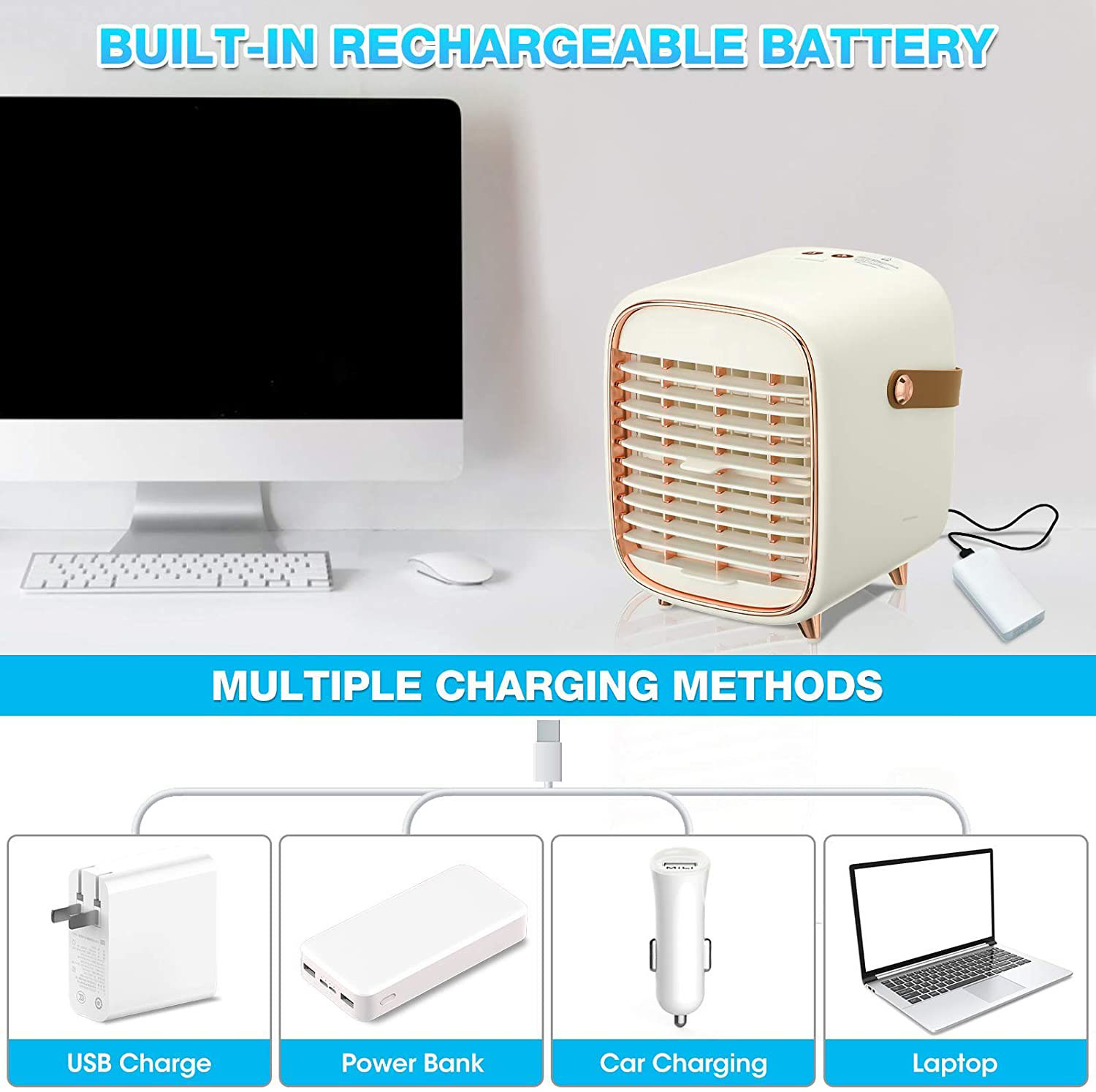 Ein tragbarer Mini-Luftkühler mit USB-Ladegerät, Powerbank, Autoladung und Laptop.