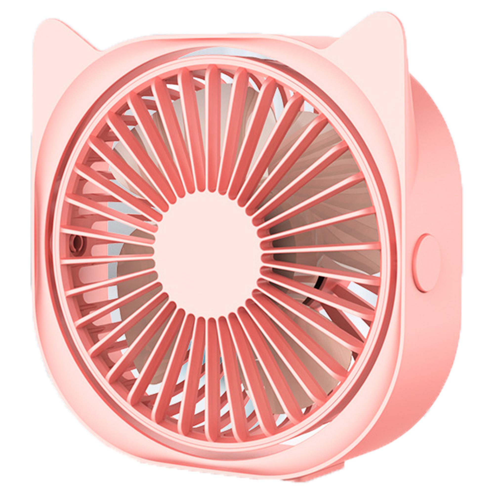Ein rosafarbener Ventilator mit Katzenohren. Der Ventilator hat rote Lamellen.