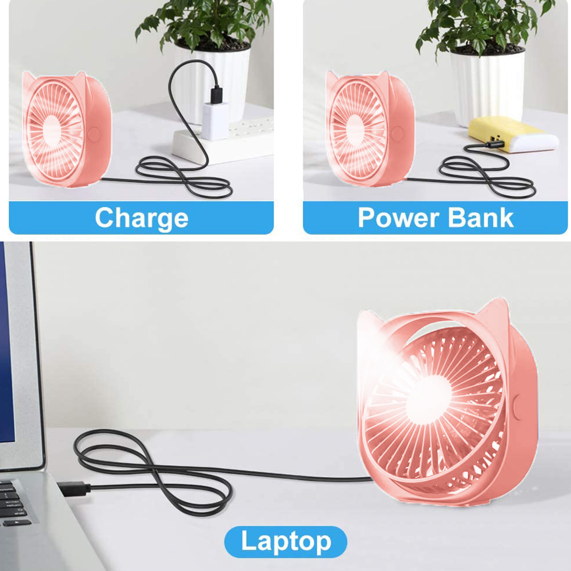 Rosa Ventilator lädt über USB an Netzteil, Powerbank und Laptop.