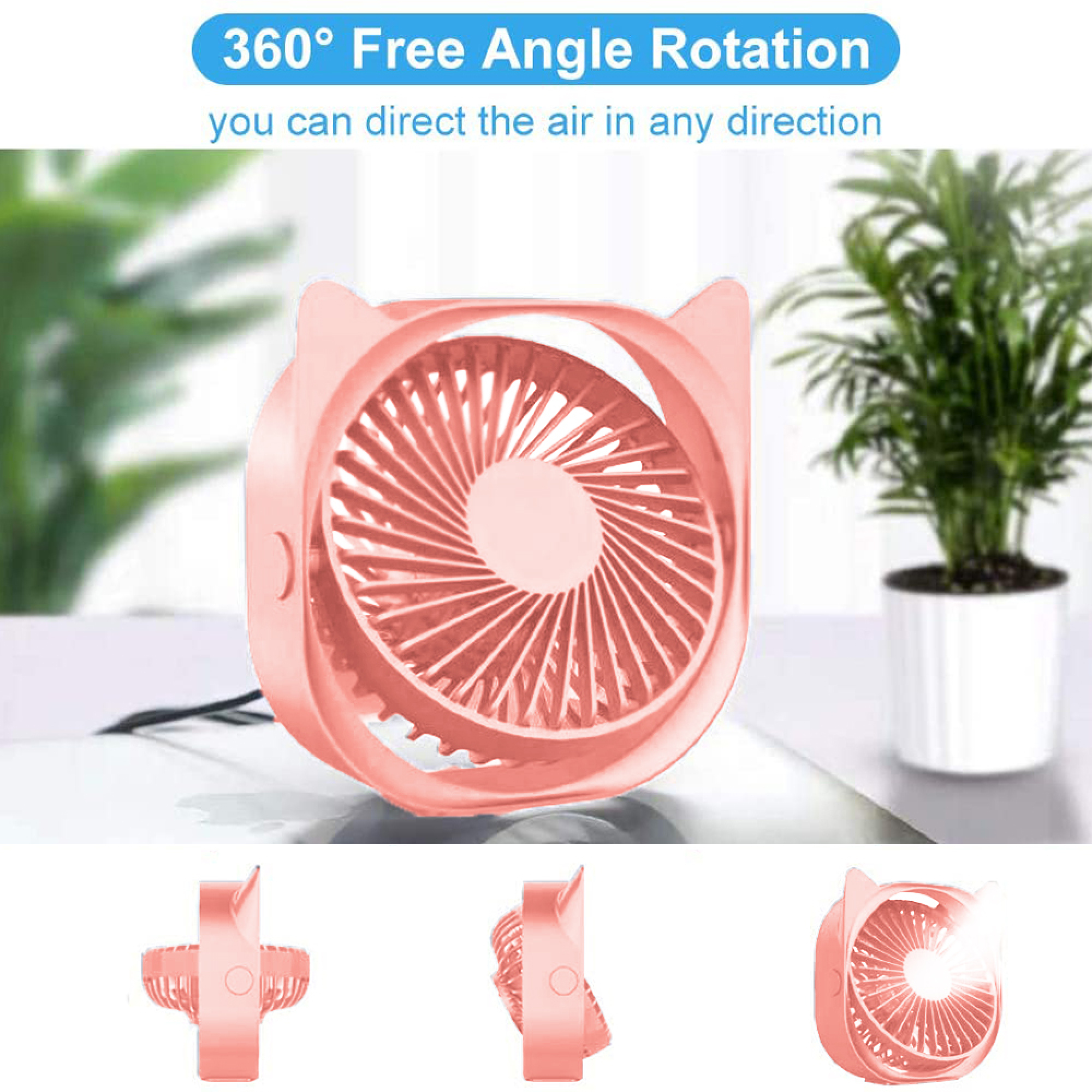 Ein kleiner, pfirsichfarbener Ventilator mit Katzenohren auf einem Tisch.