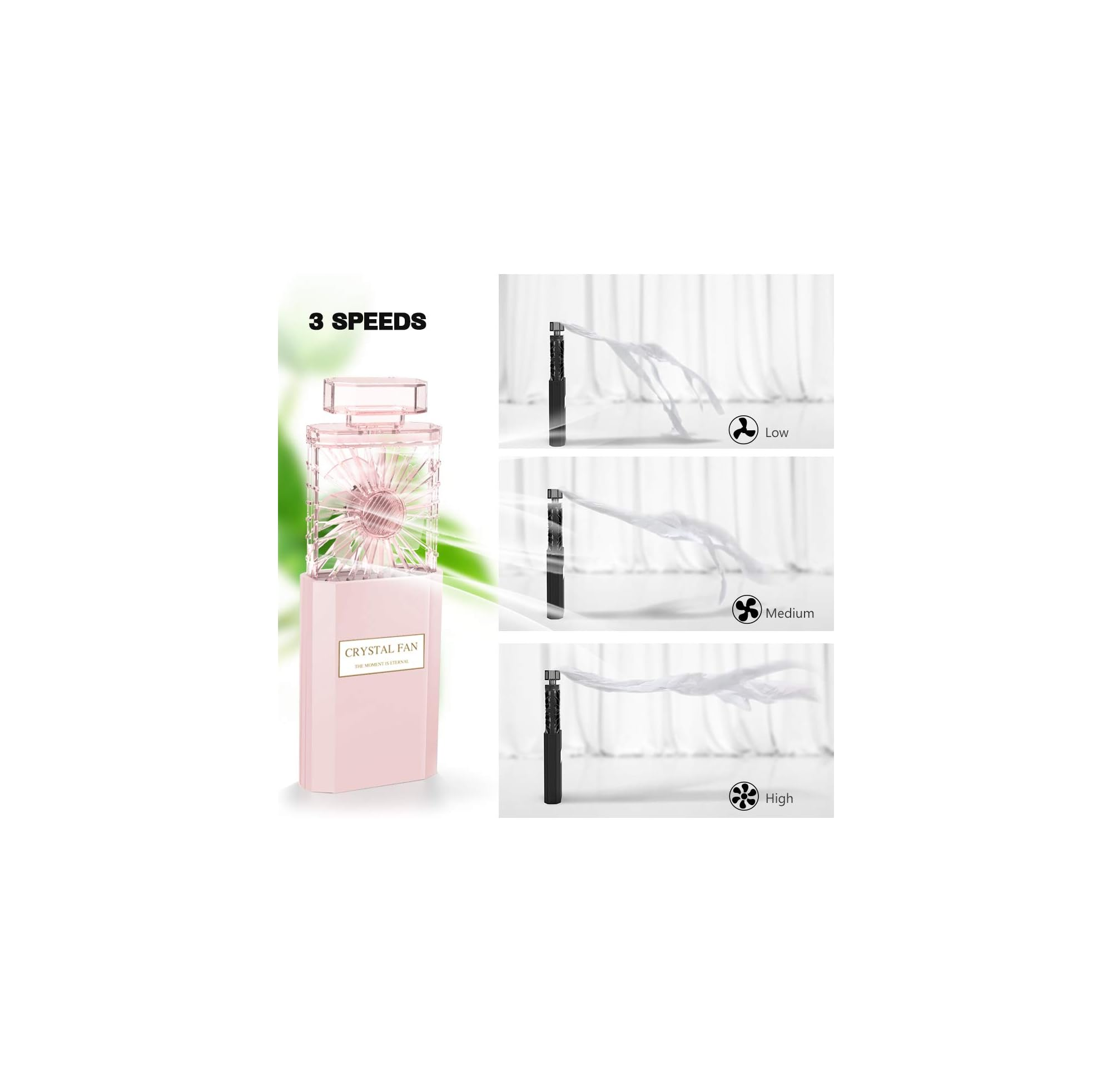 Ein pinkfarbener 'Crystal Fan' mit drei Geschwindigkeitseinstellungen, dargestellt durch Luftstrommuster: niedrig, mittel und hoch.