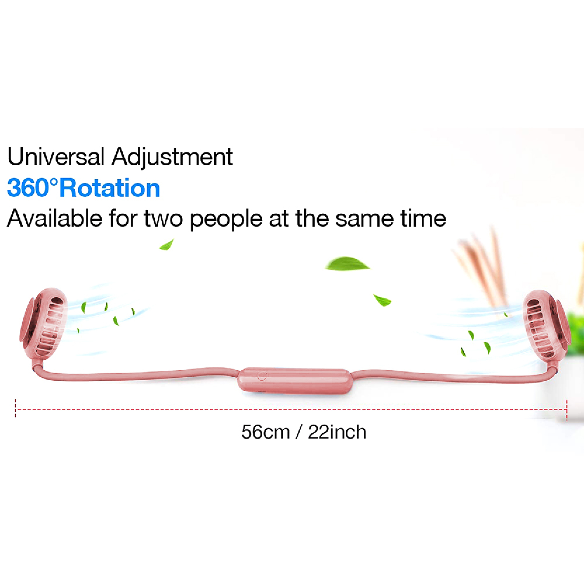 Ein rosafarbenes Nackenventilator mit 56cm Länge, 360° drehbar.