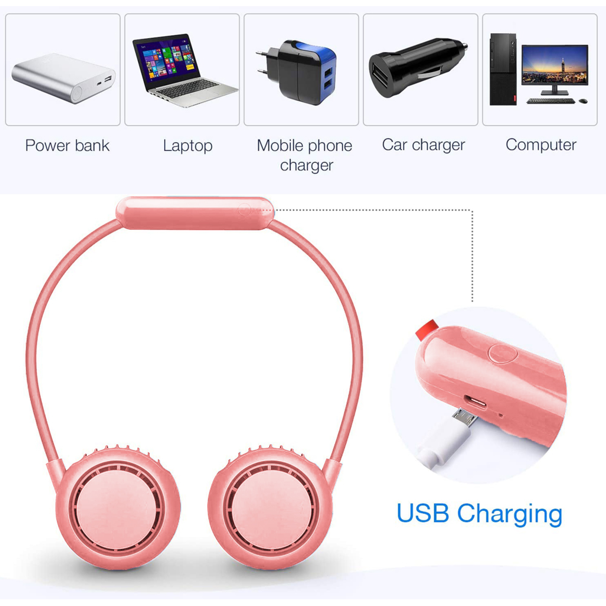 Ein rosafarbener Nackenventilator mit zwei Lüftern wird über USB aufgeladen.
