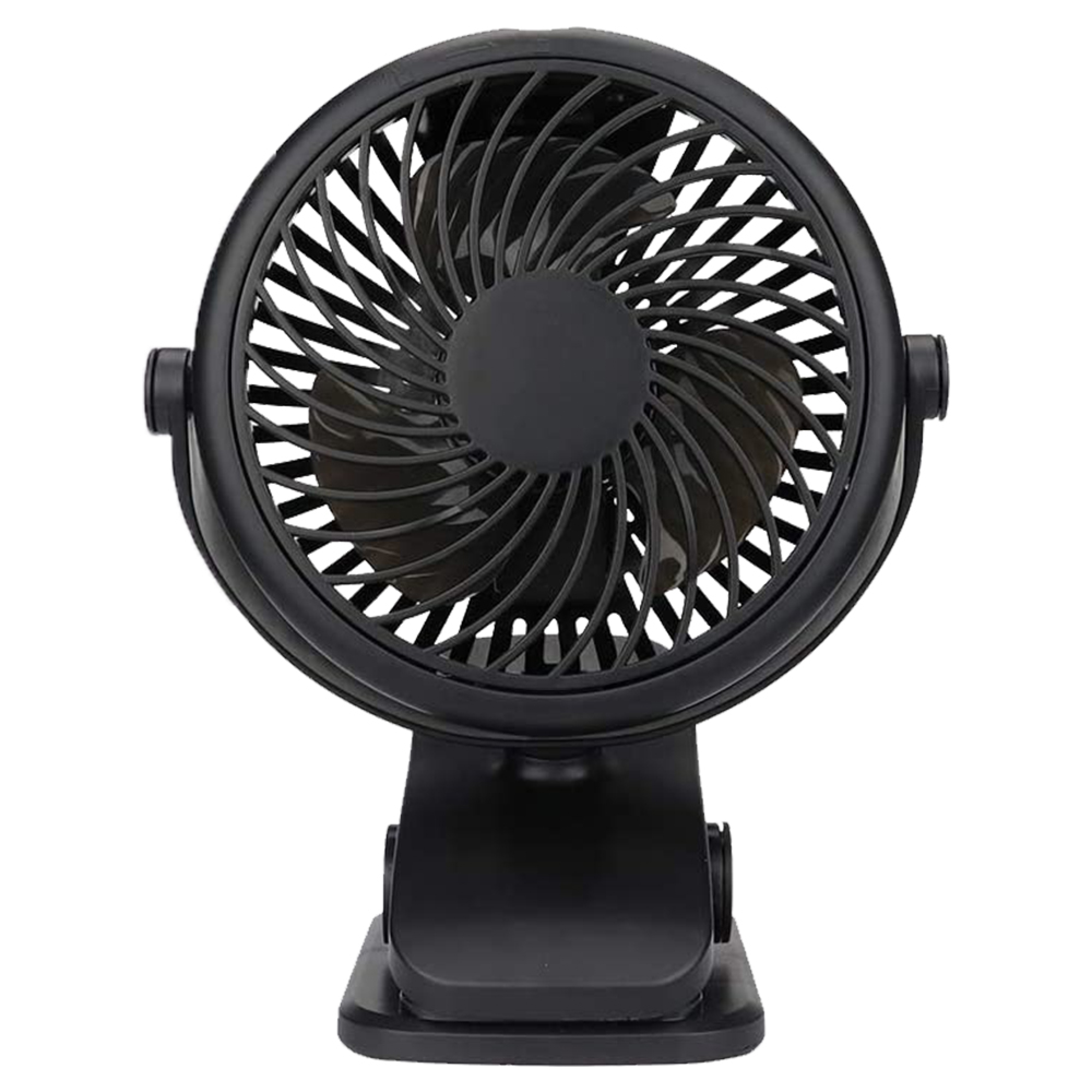 Ein schwarzer Klipp-Ventilator mit rundem Kopf und verstellbarem Ständer.