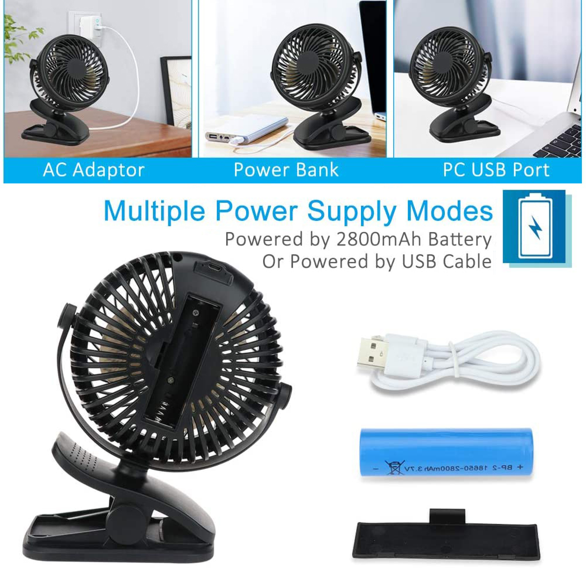 Ein schwarzer Klemmventilator mit USB-Kabel und Akku, verschiedene Stromversorgungsmodi.