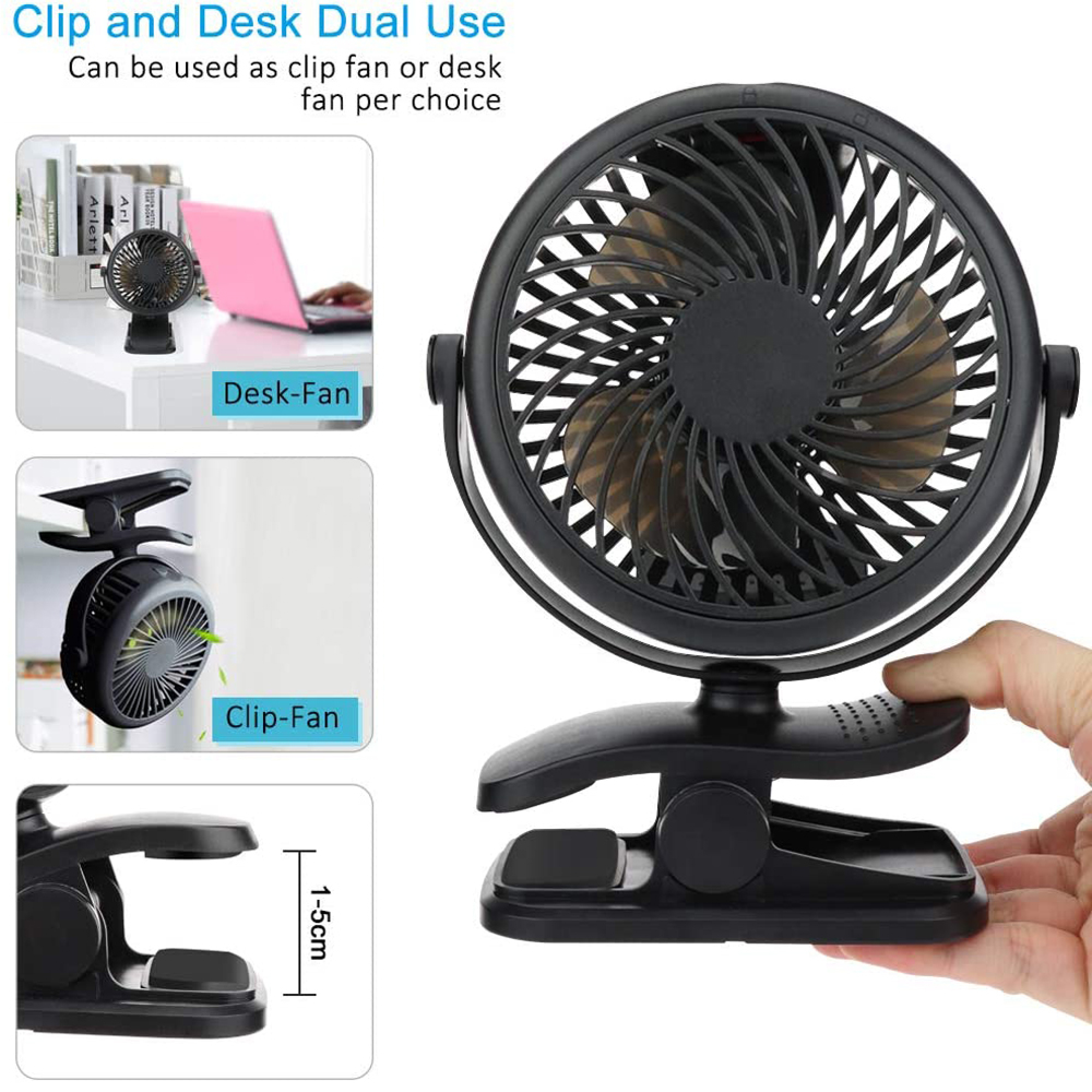 Ein schwarzer Clip-Ventilator mit verstellbarem Clip und 1-5cm Öffnungsweite.