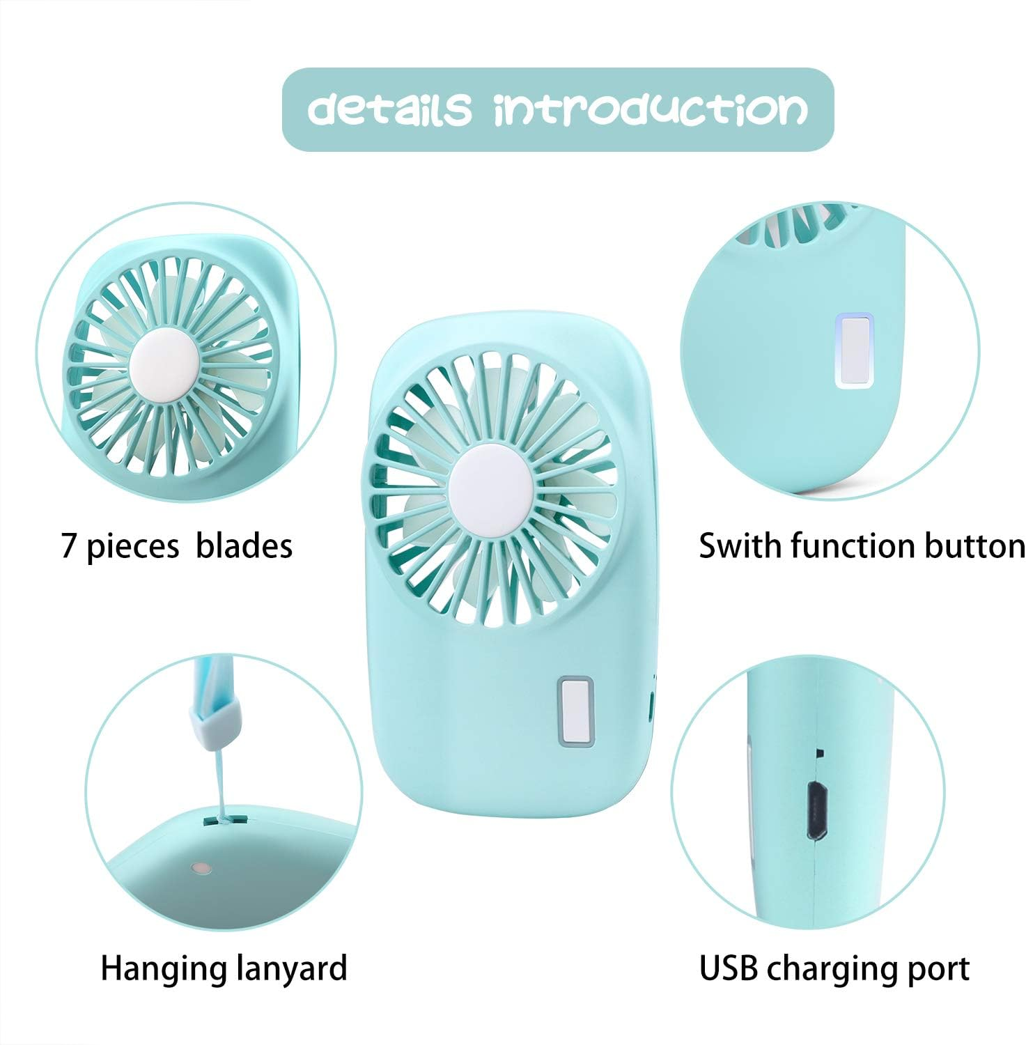 Ein hellblauer Mini-Ventilator mit 7 Rotorblättern und einem USB-Ladeanschluss.