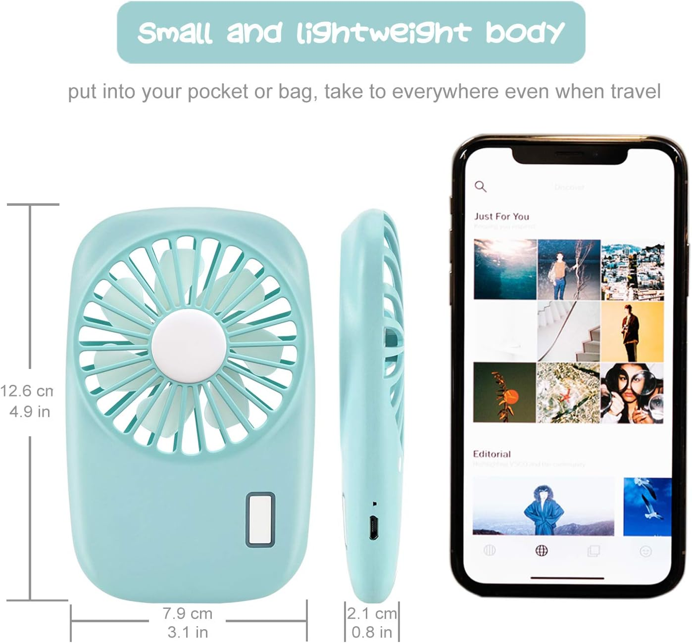 Ein hellblauer, tragbarer Ventilator und ein Smartphone werden nebeneinander gezeigt.