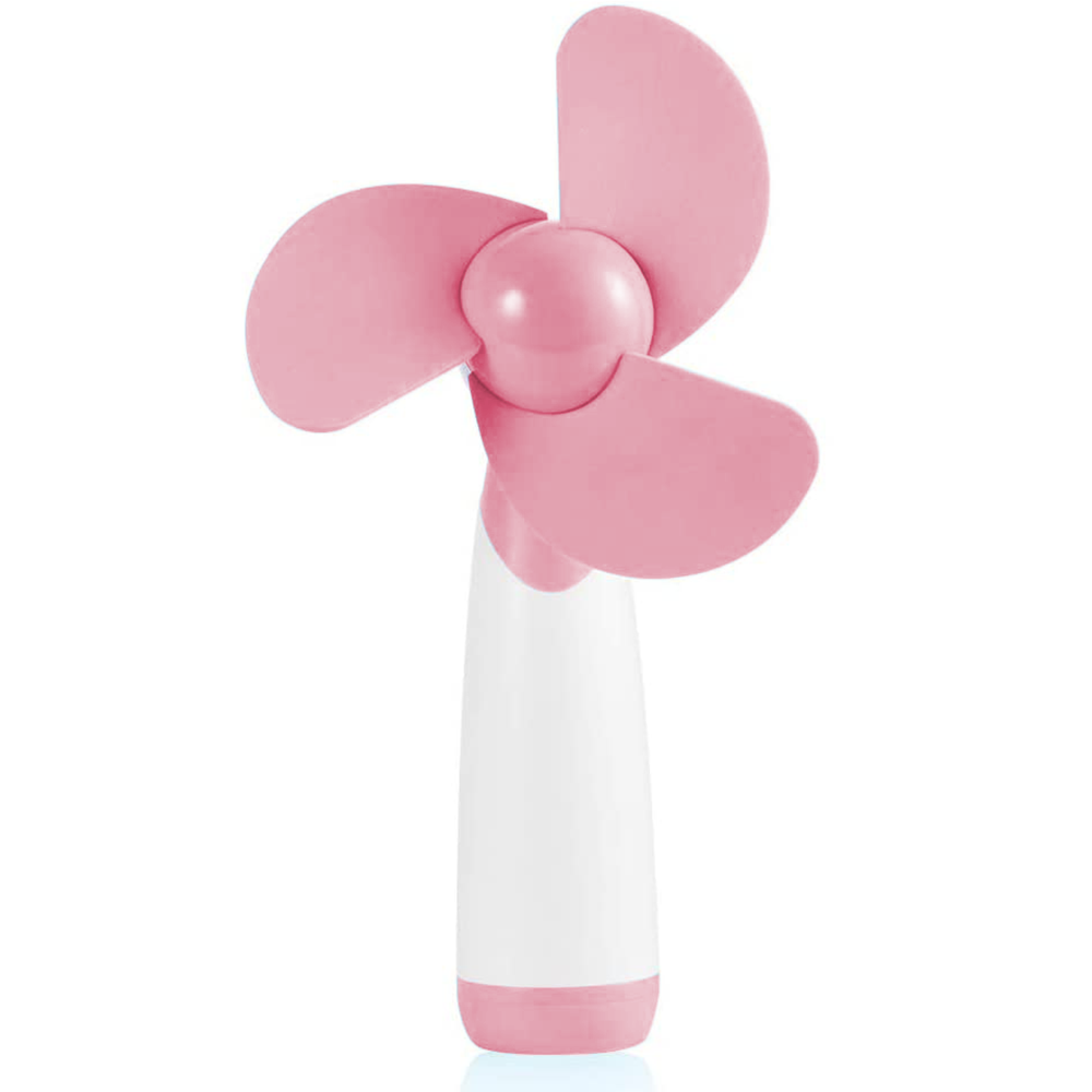 Ein kleiner, tragbarer Ventilator mit rosa Flügeln und einem weißen Griff.