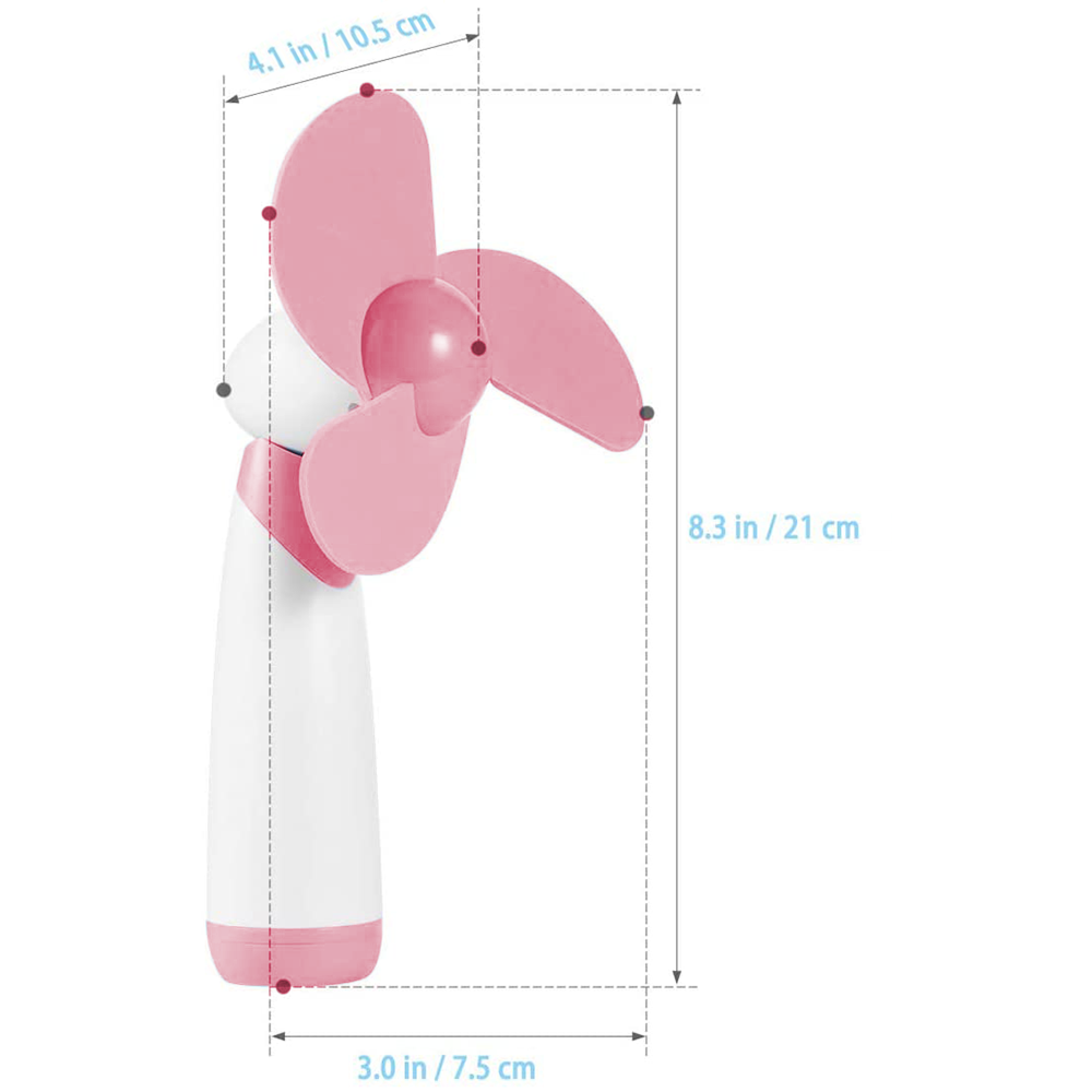 Ein kleiner pinker und weißer Handventilator mit Maßen auf der Seite.