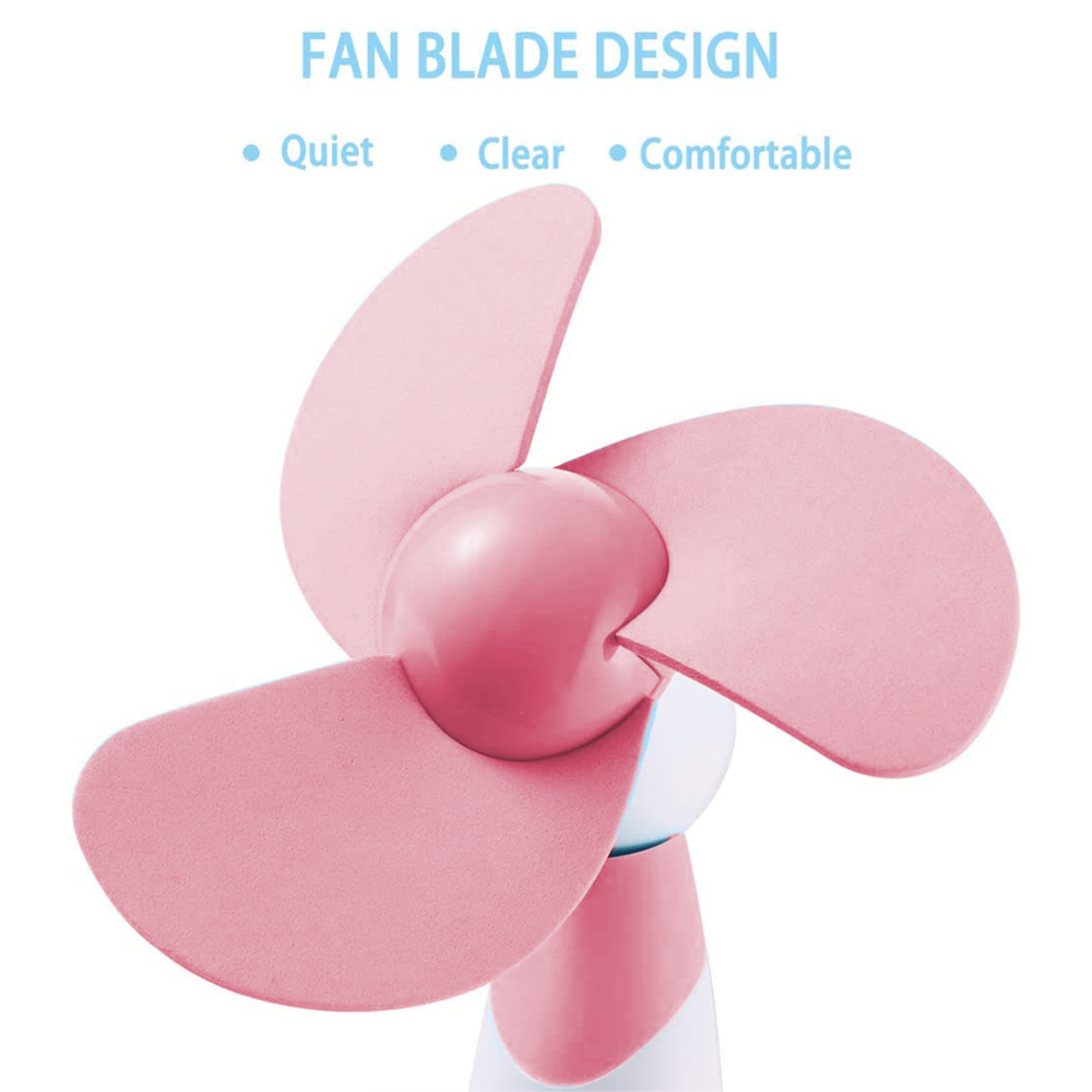 Ein rosafarbener Ventilator mit drei Blättern vor weißem Hintergrund.