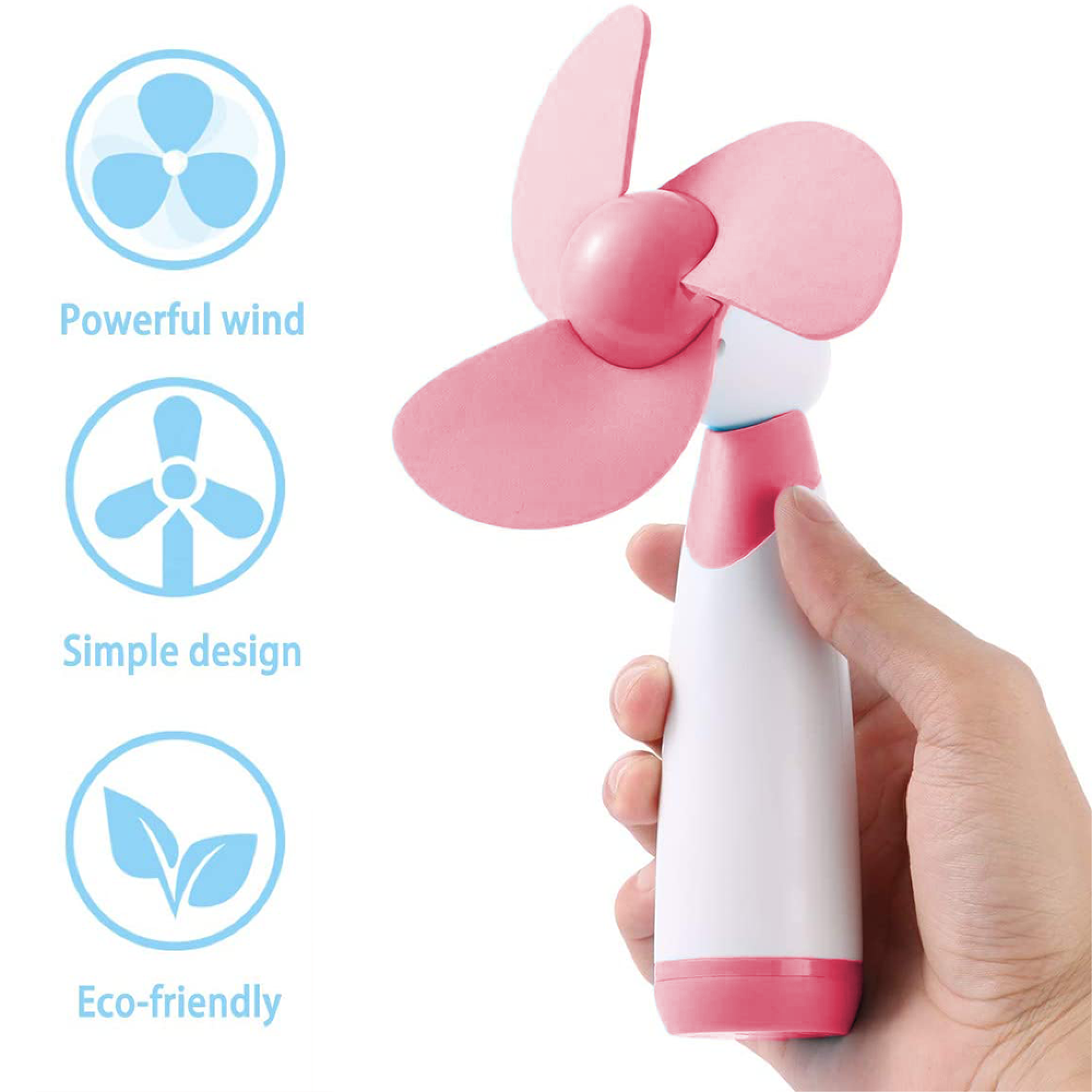 Eine Hand hält einen kleinen rosa und weißen Ventilator mit drei rosa Flügeln.