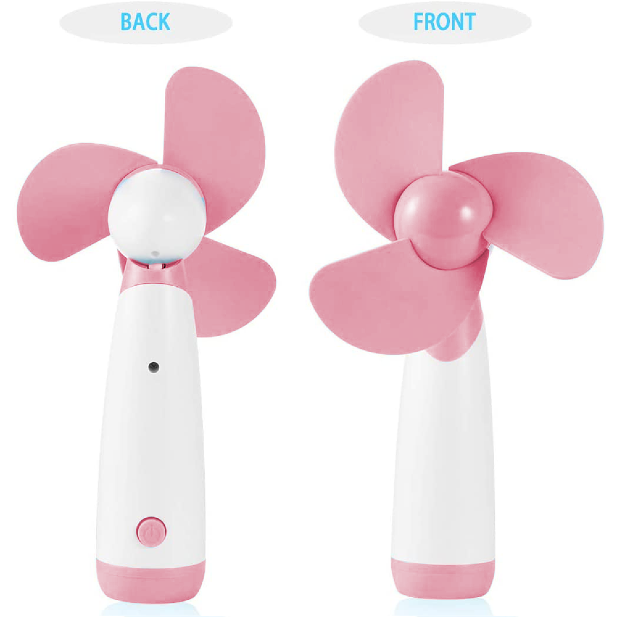 Ein rosa und weier Handventilator von vorne und hinten gezeigt.