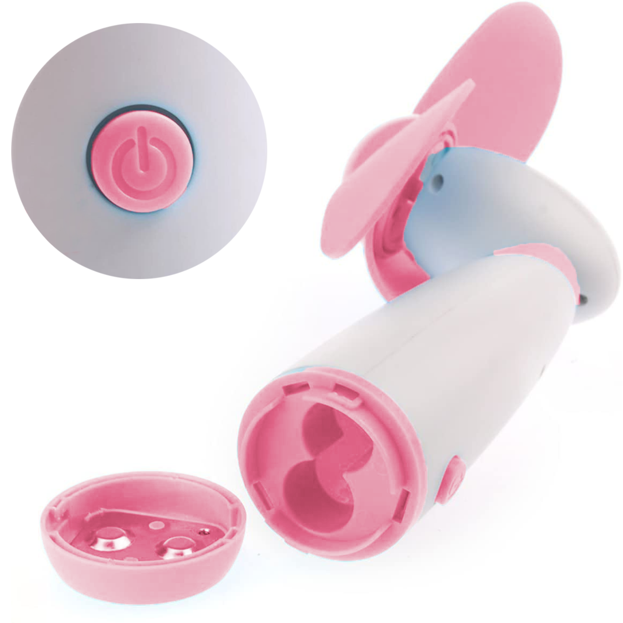 Ein rosa und weißer Mini-Ventilator mit Power-Knopf und abgenommenem Batteriefach.