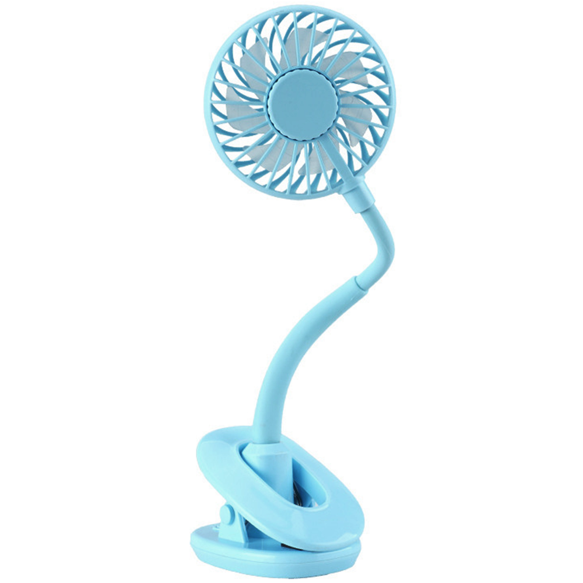 Ein kleiner, blauer USB-Ventilator mit flexiblem Hals und Klemmfuß.