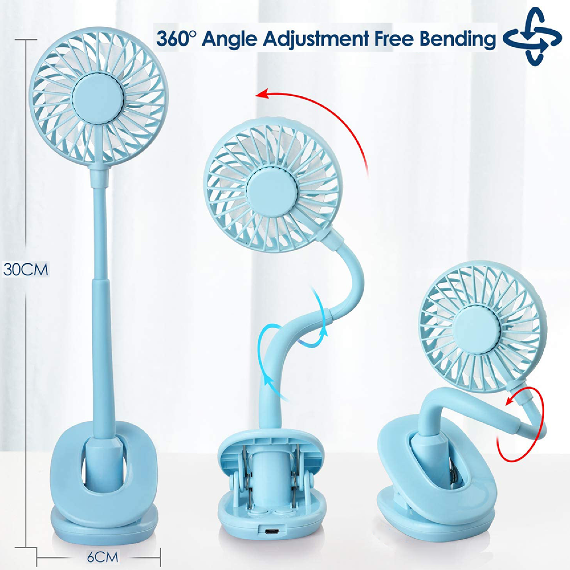 Ein hellblaues, klemmbares USB-Mini-Ventilator-Display mit drei verschiedenen Haltungen.
