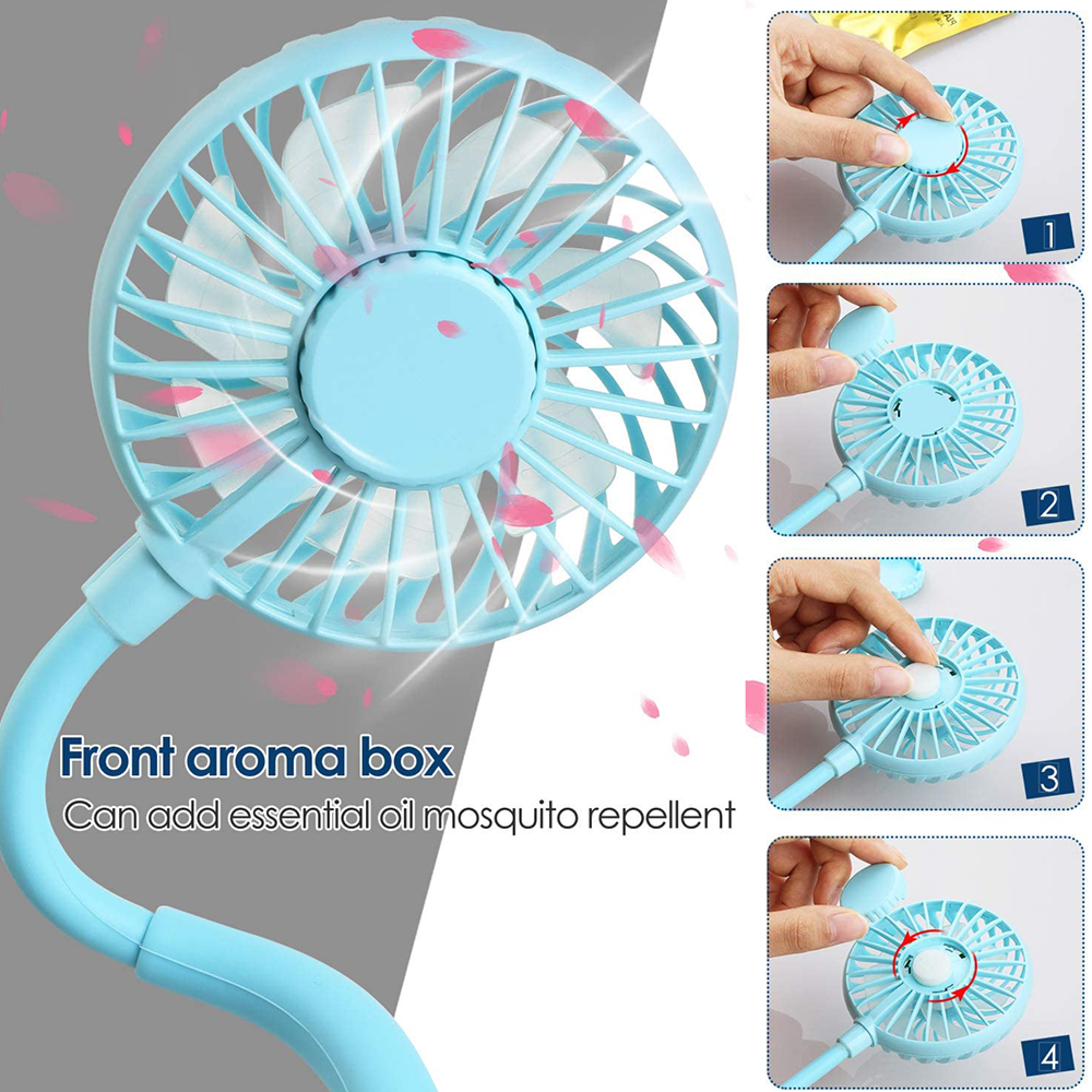 Ein blauer Nackenventilator mit Aromafach, das ätherische Öle aufnehmen kann.