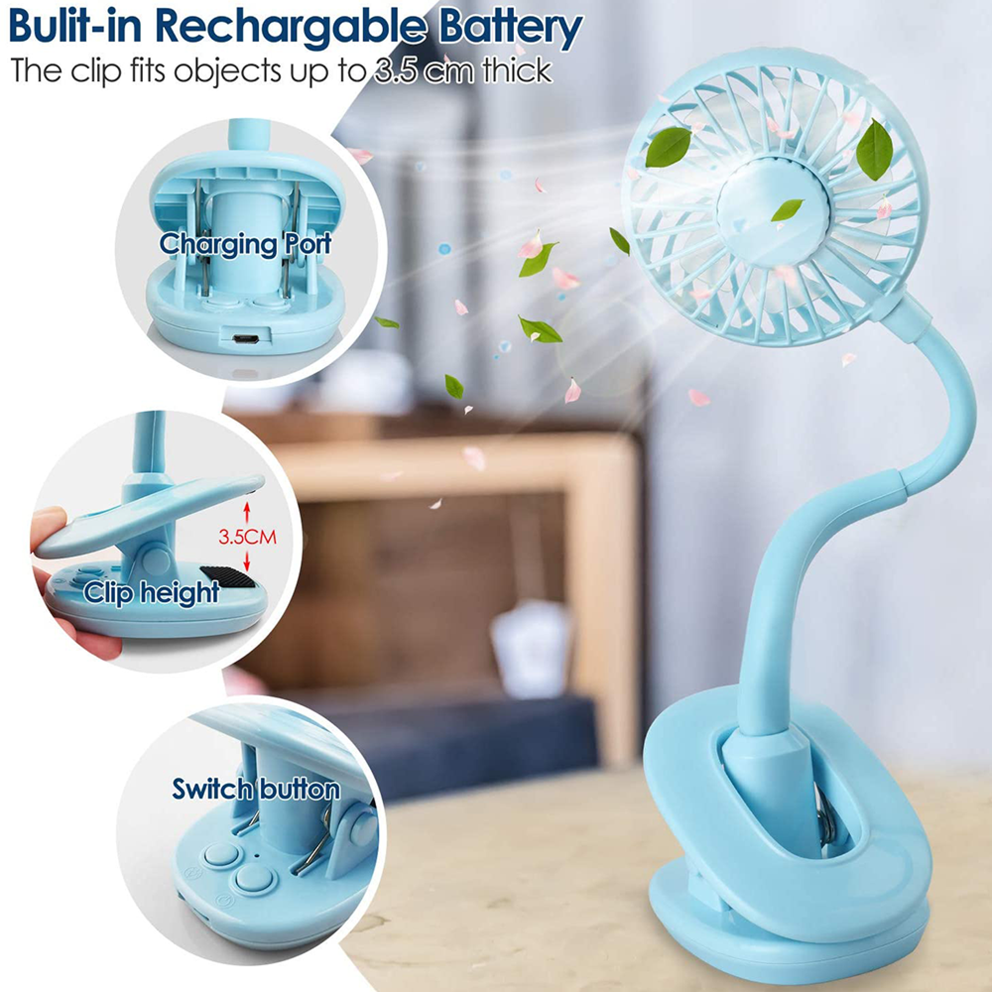 Ein blauer Klemmventilator mit flexiblem Hals und Blättern, die um die Lüfterblätter fliegen.
