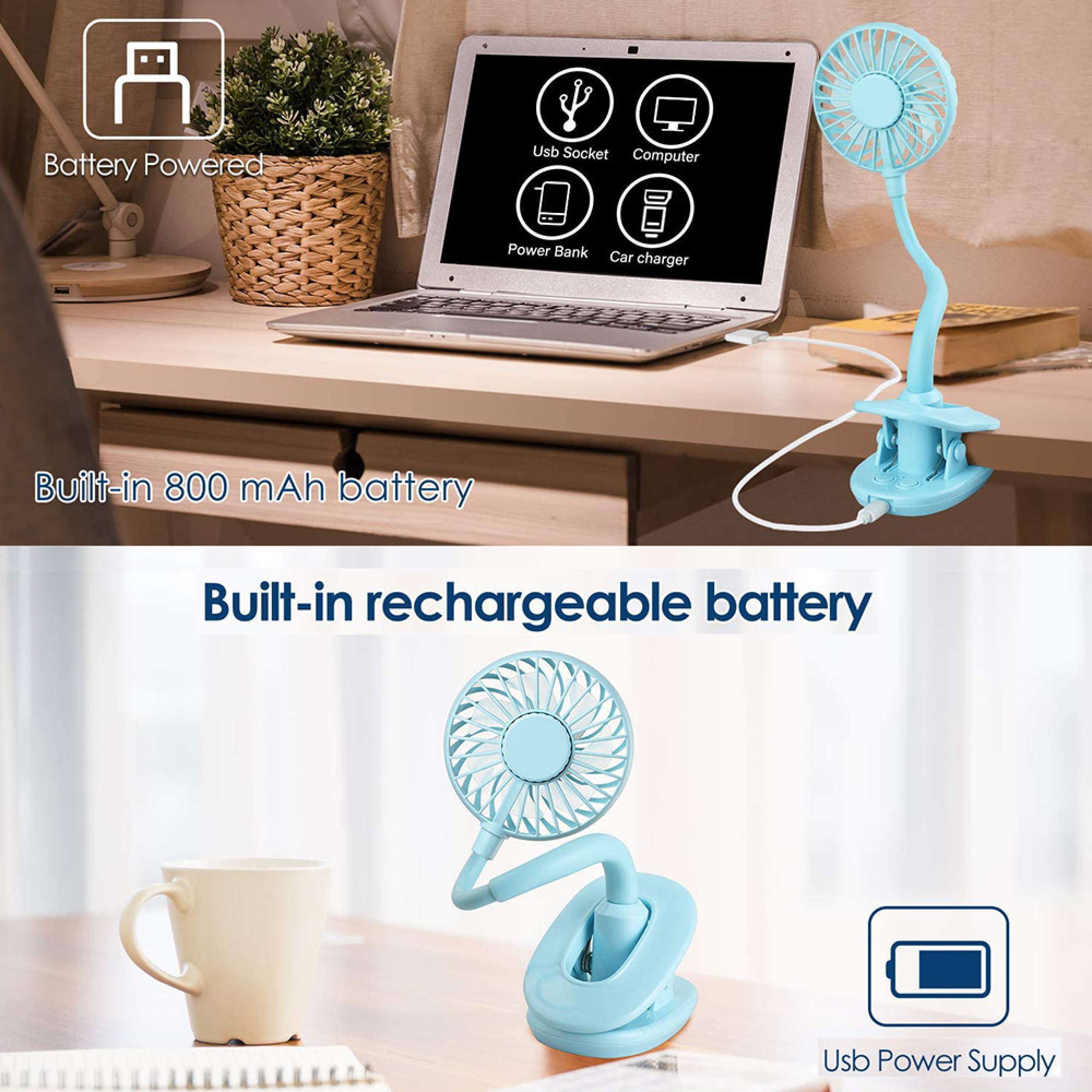 Ein blauer USB-Ventilator mit Klemmfuß steht neben einer Tasse und einem Notizbuch.
