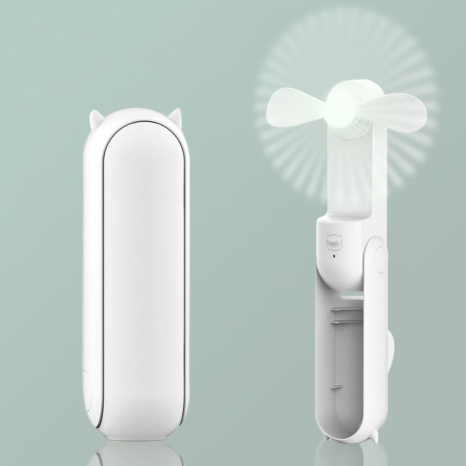 Ein geschlossener weißer Mini-Ventilator mit Katzenohren und ein offener Ventilator.