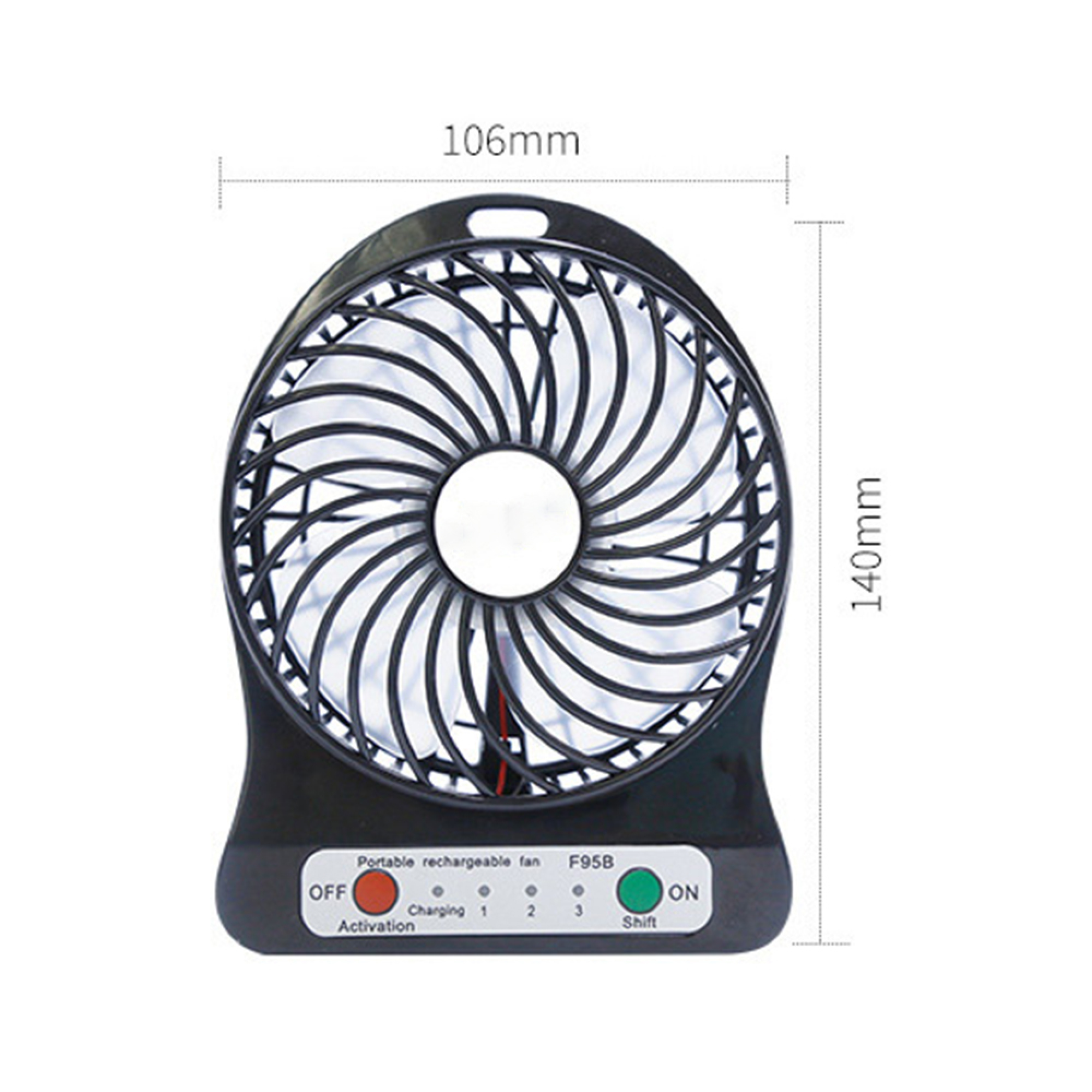 Ein schwarzer tragbarer Ventilator mit Ladeanzeige und Ein/Aus-Schalter.
